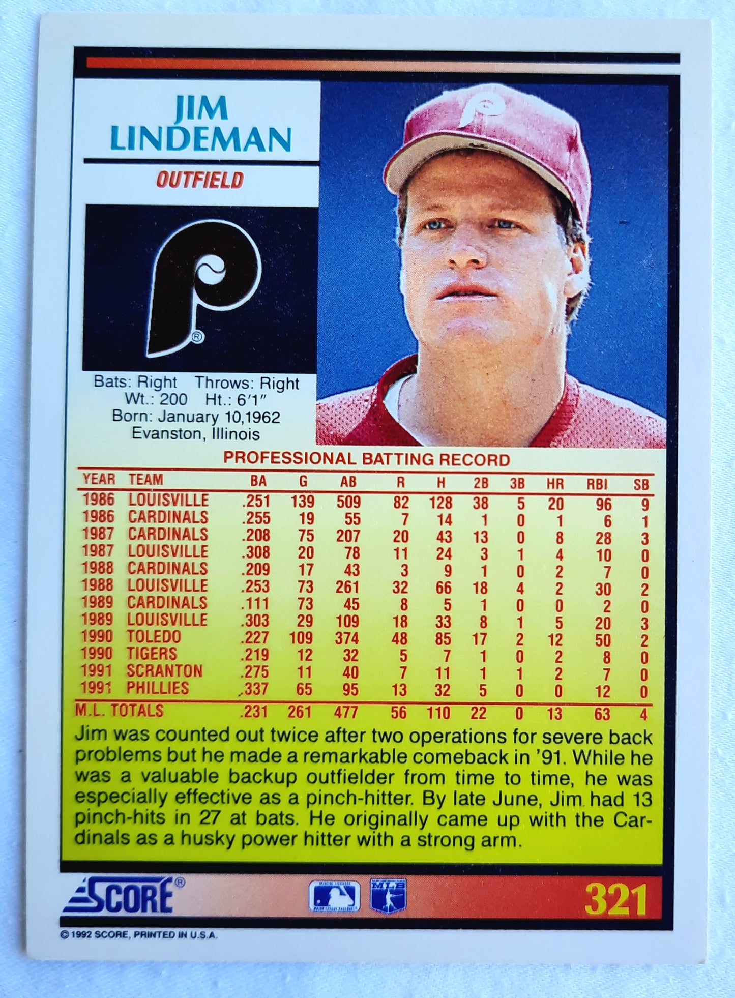 Score '92 Jim Lindeman Philadelphia Phillies Outfield #321 Baseball Card Near Mint