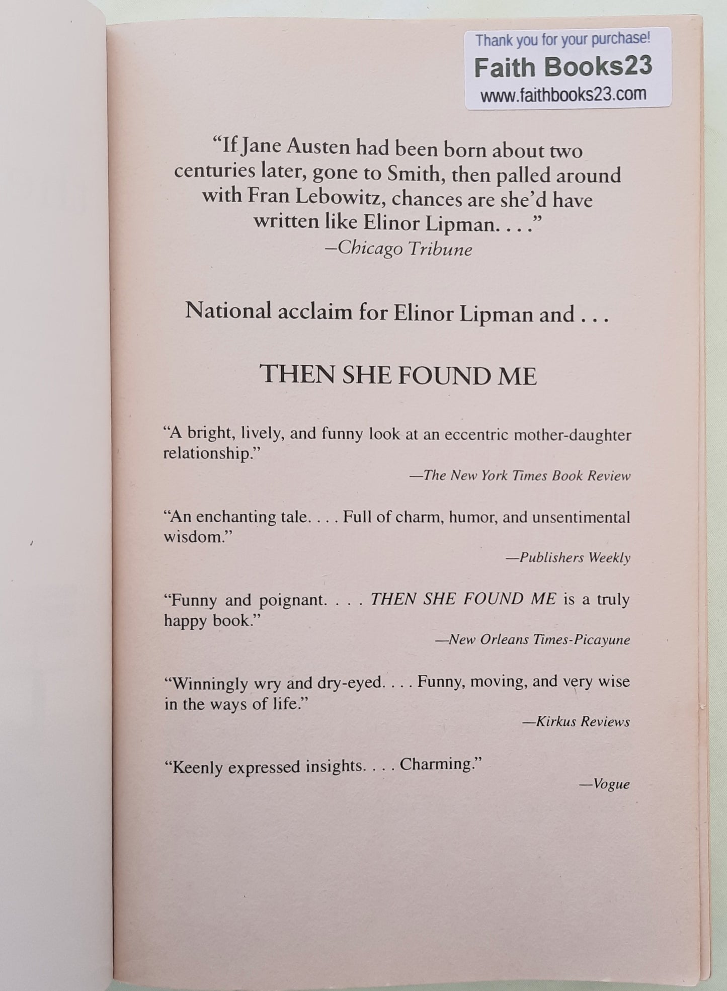 Then She Found Me by Elinor Lipman (Very good, 2008, Pbk, 307 pages, Washington Square Press)