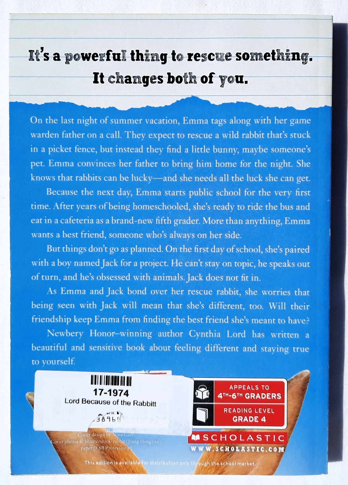 Because of the Rabbit by Cynthia Lord (New, 2019, Pbk, 192 pages, Scholastic)