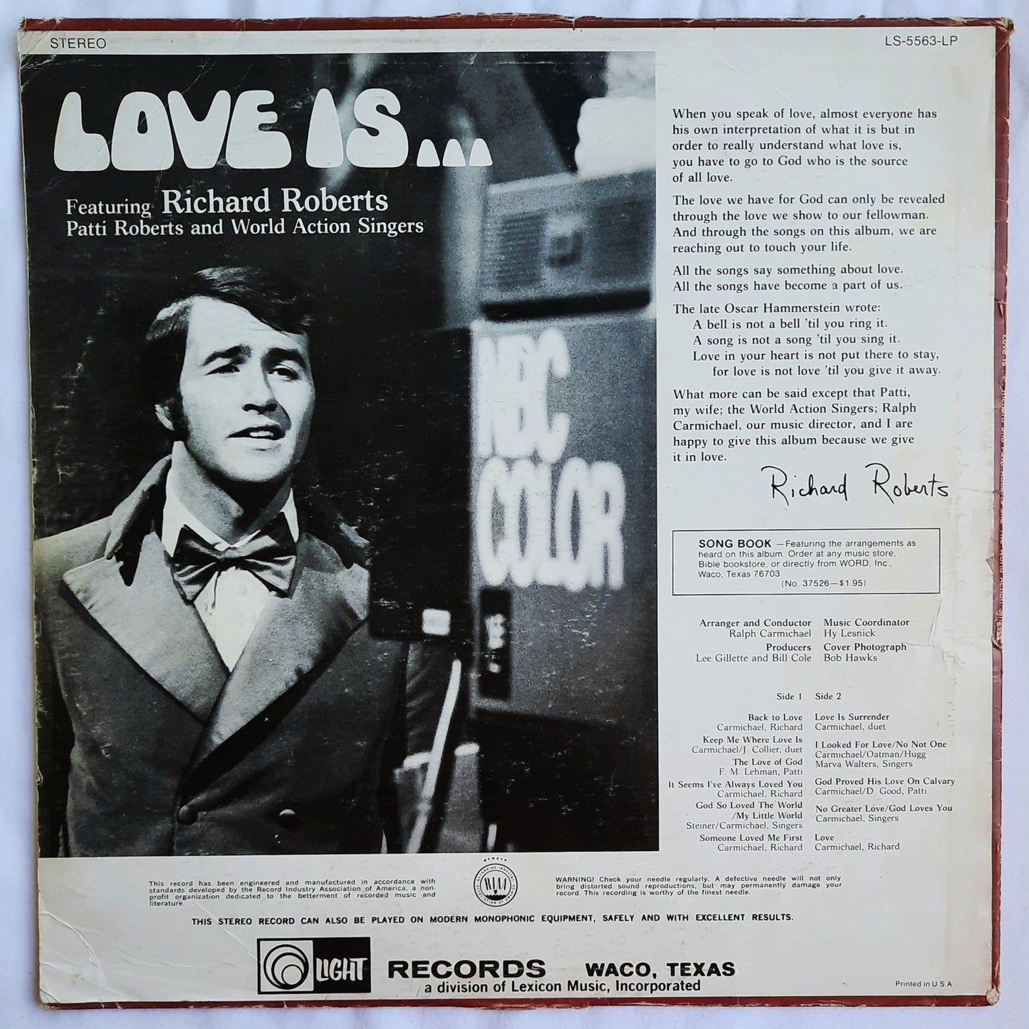 Love Is...Featuring Richard Roberts; Patti Roberts and World Action Singers Christian Vinyl LP Album (Very good, LS 5563, Light Records)Light Records