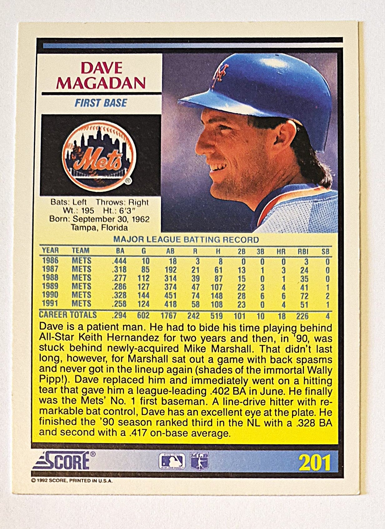 Magadan Dave New York Mets First Base #201 Score '92 Baseball Card