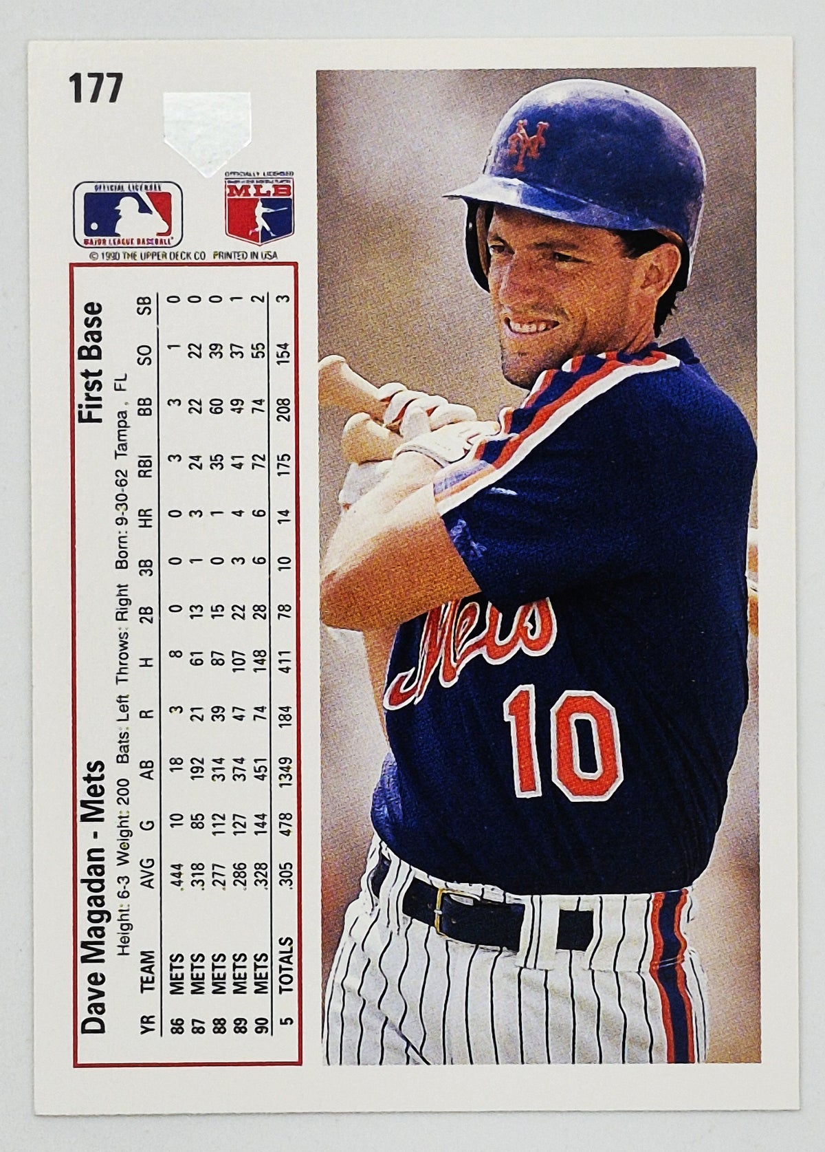 Magadan Dave New York Mets 1st Base #177 Upper Deck 1991 Baseball Card