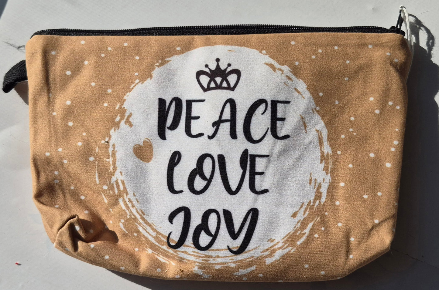 Toiletry Bag "Peace, Love, Joy" New w/o tags; Tan, White & Black, 100% polyester