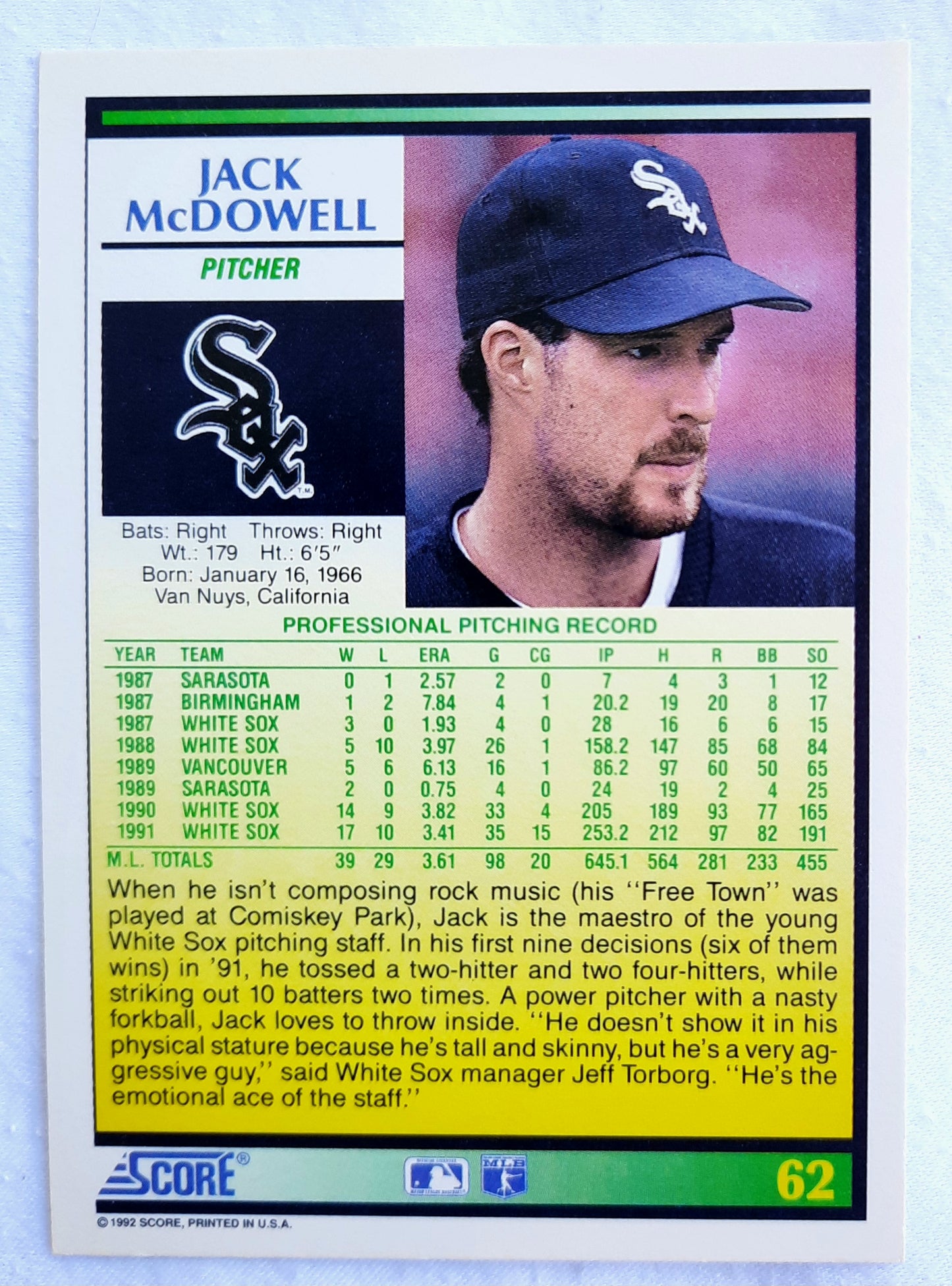 Score '92 Jack McDowell Chicago White Sox Pitcher #62 Baseball Card Near Mint