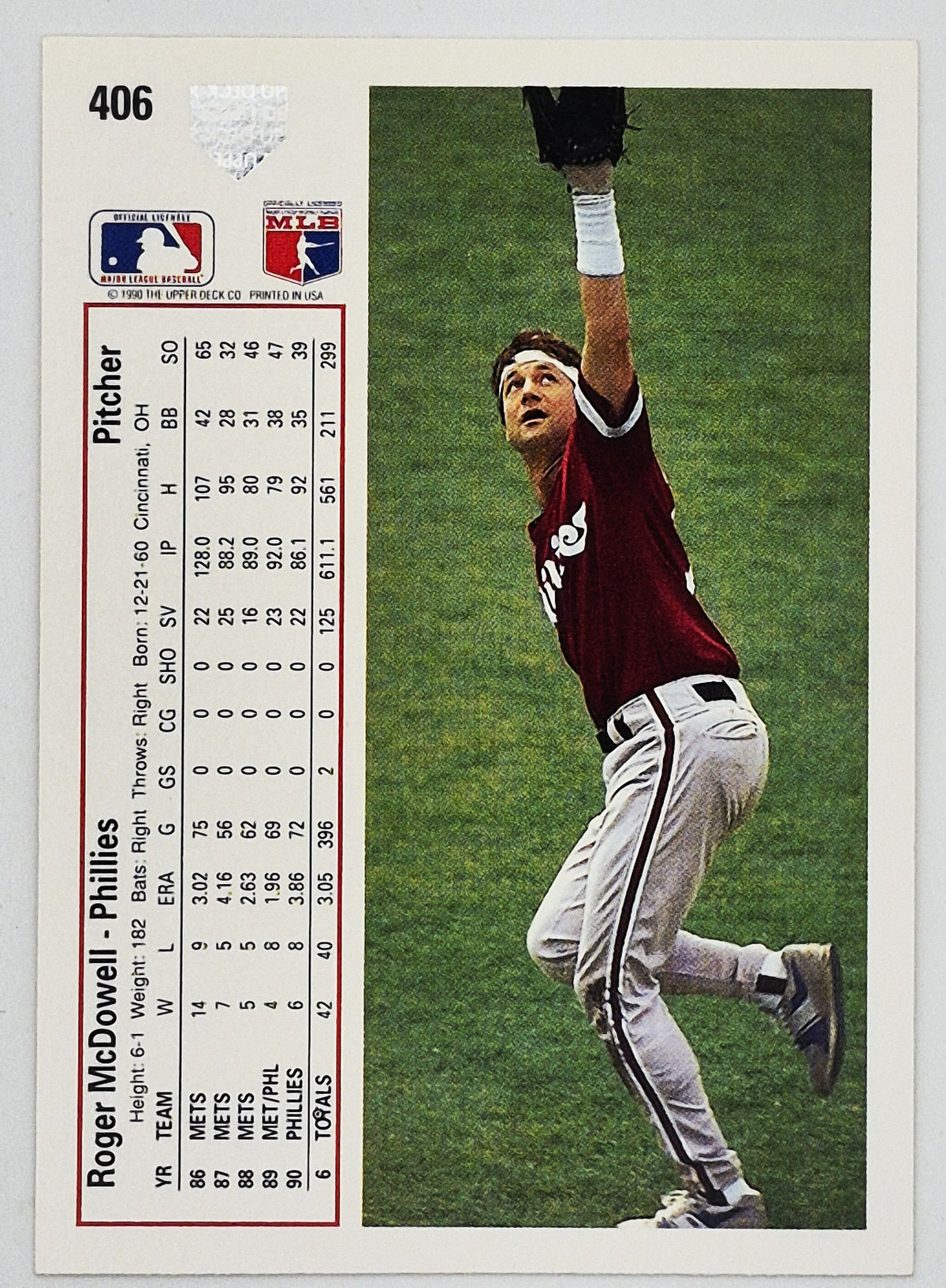 McDowell Roger Philadelphia Phillies Pitcher #406 Upper Deck 1991 Baseball Card