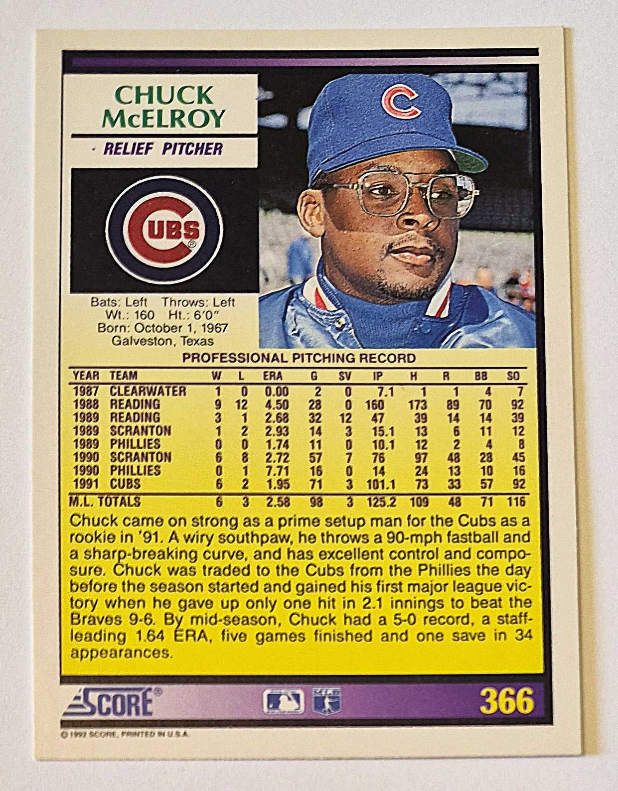 McElroy Chuck Chicago Cubs Relief Pitcher #366 Score '92 Baseball Card