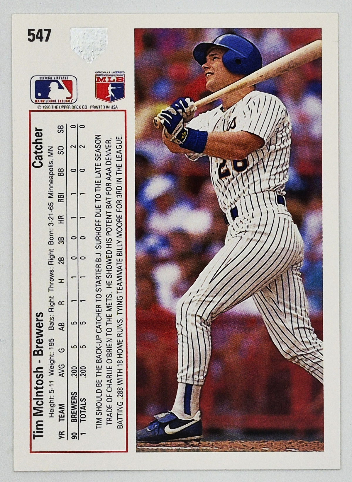 McIntosh Tim Milwaukee Brewers Catcher #547 Upper Deck 1991 Baseball Card