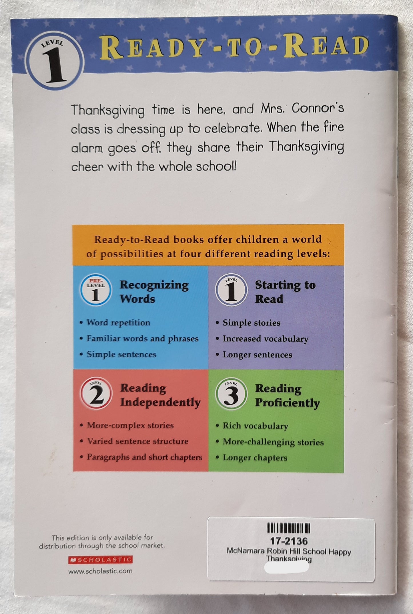 Robin Hill School Happy Thanksgiving by Margaret McNamara (Good, 2005, Pbk, 32 pages, Scholastic)