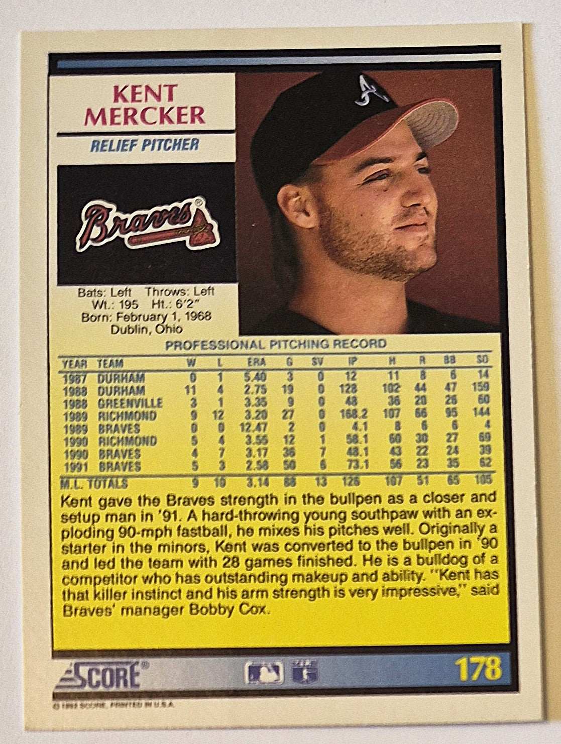 Mercker Kent Atlanta Braves Relief Pitcher #178 Score '92 Baseball Card
