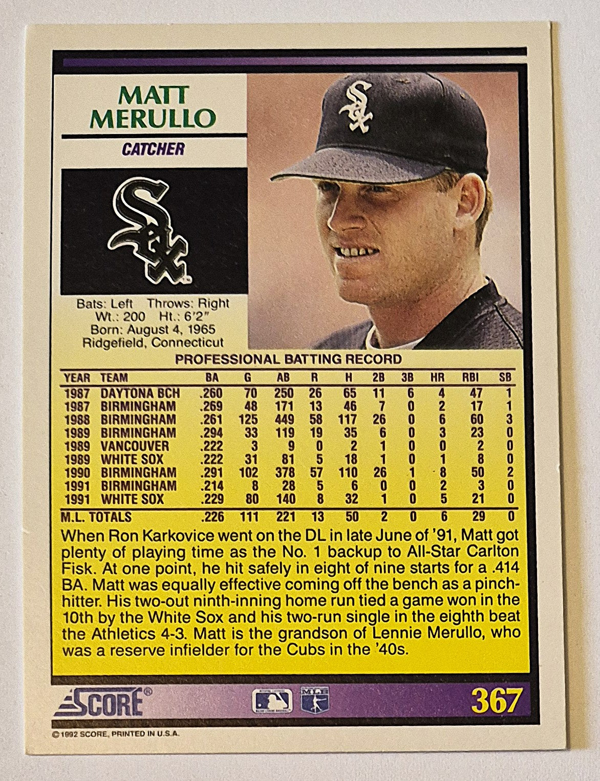 Merullo Matt Chicago White Sox Catcher #367 Score '92 Baseball Card