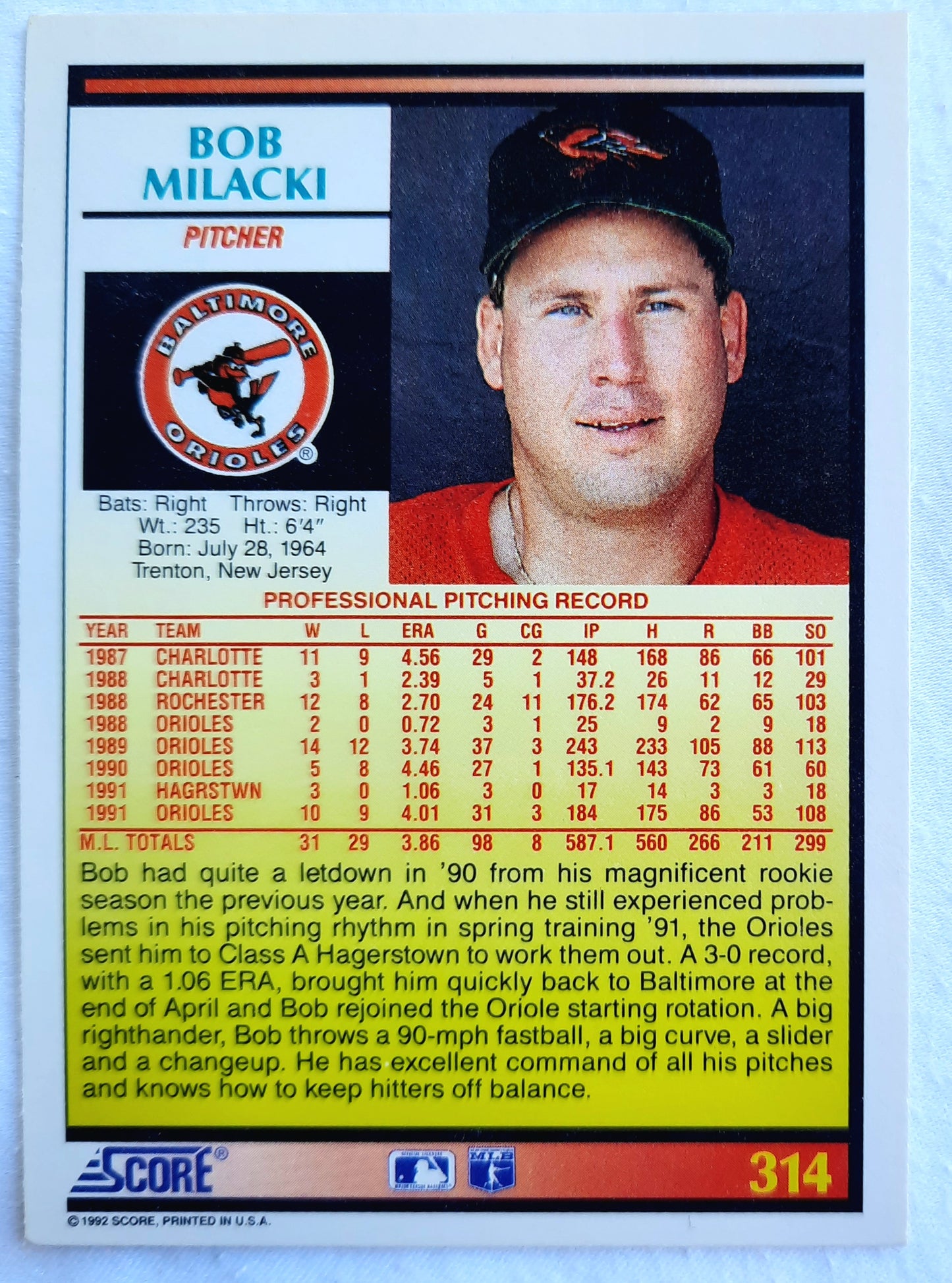 Score '92 Bob Milacki Baltimore Orioles Pitcher #314 Baseball Card Near Mint