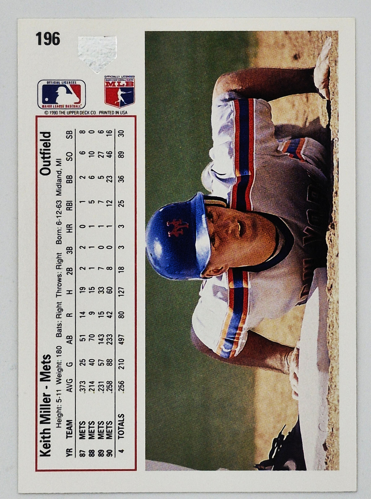 Miller Keith New York Mets Outfield #196 Upper Deck 1991 Baseball Card