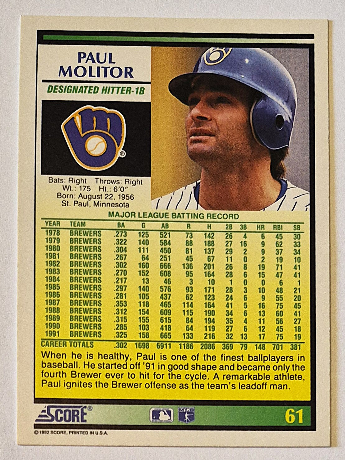 Molitor Paul Seattle Mariners Designated Hitter-1B #61 Score '92 Baseball Card