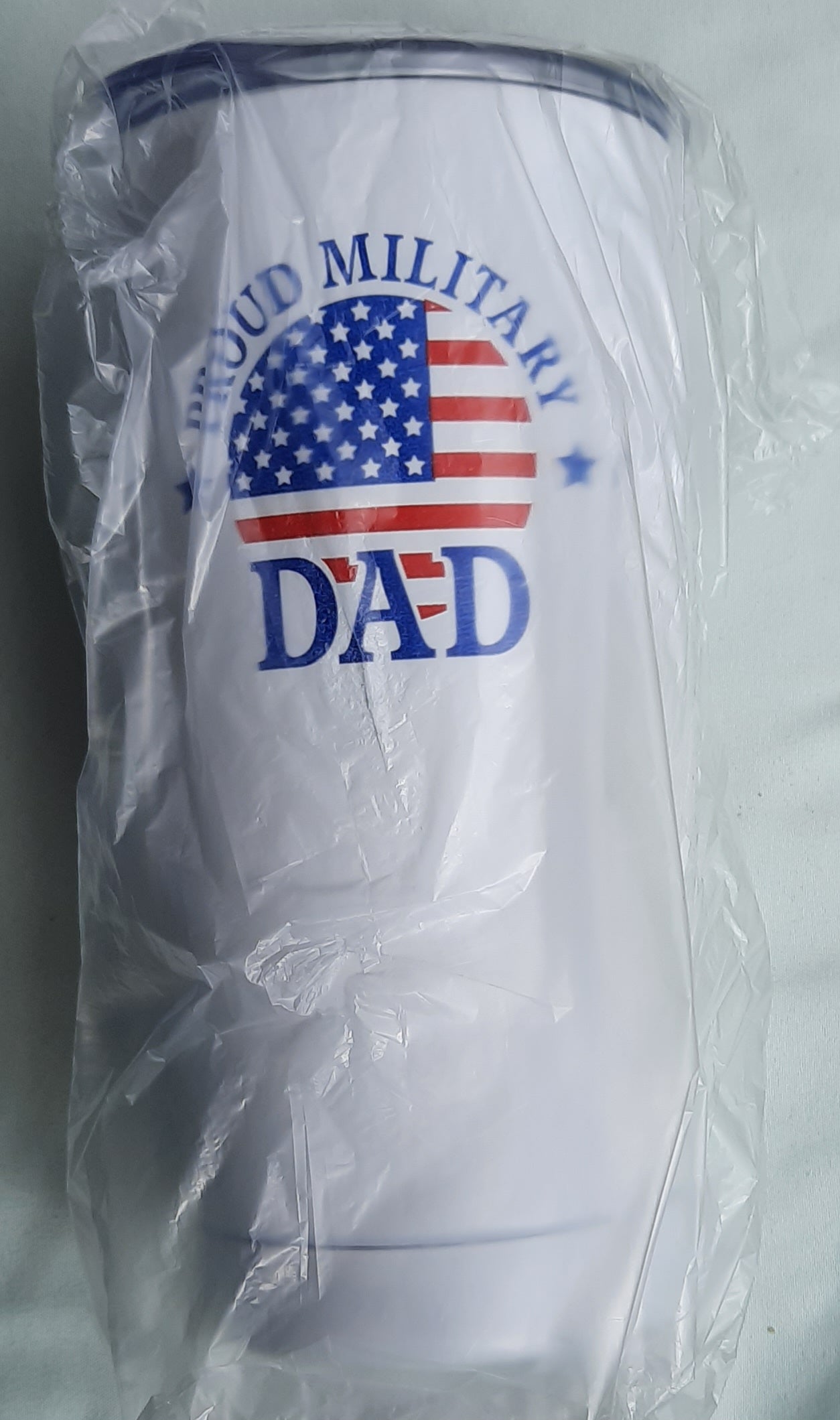 Stainless Steel Tumbler: Proud Military Dad (New, 20 ounce, White, Spice of Life)