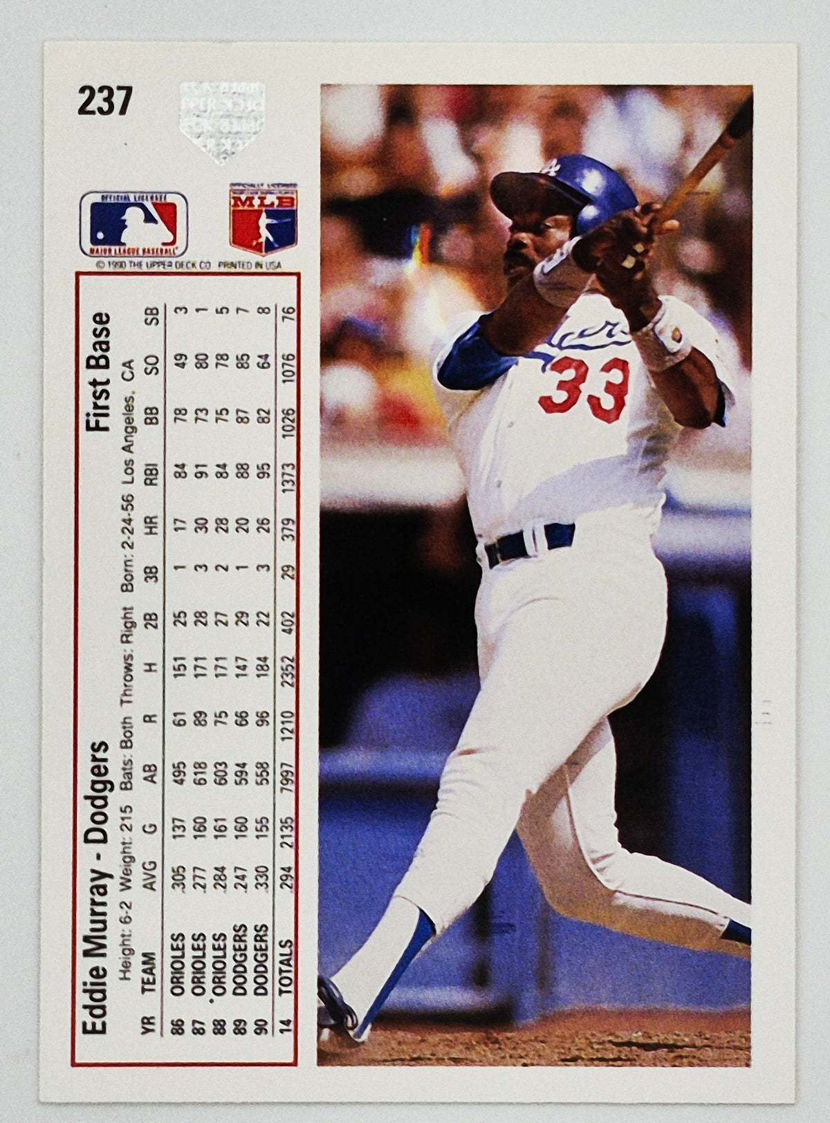 Murray Eddie LA Dodgers 1st Base #237 Upper Deck 1991 Baseball Card