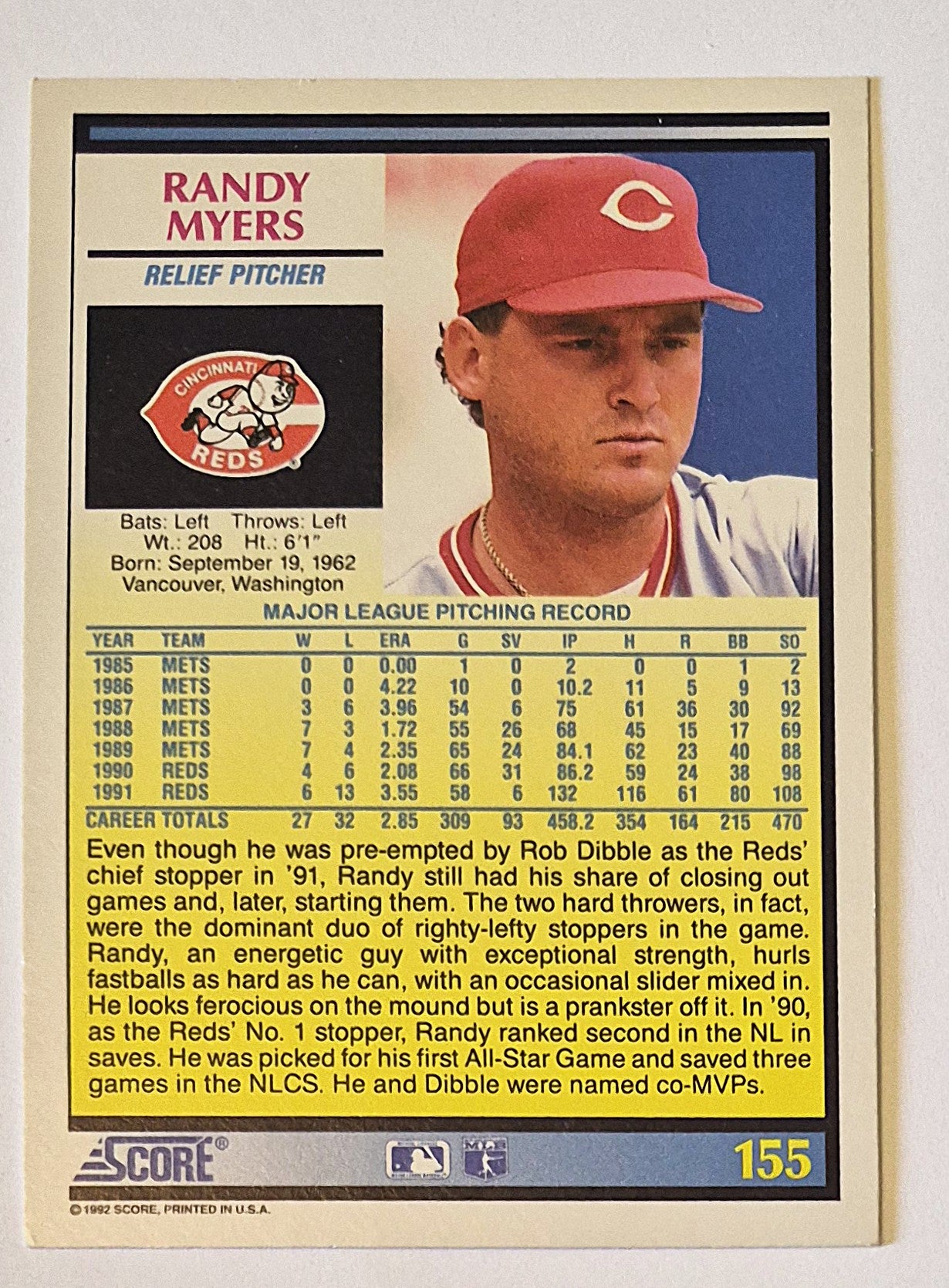 Myers Randy Chicago Red Sox Relief Pitcher #155 Score '92 Baseball Card