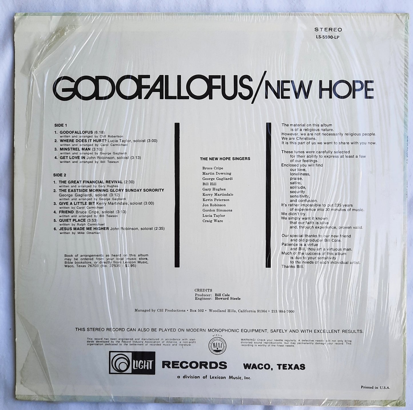 Light Records: New Hope: God of All of Us LP Vinyl Record (Very good, 1972)