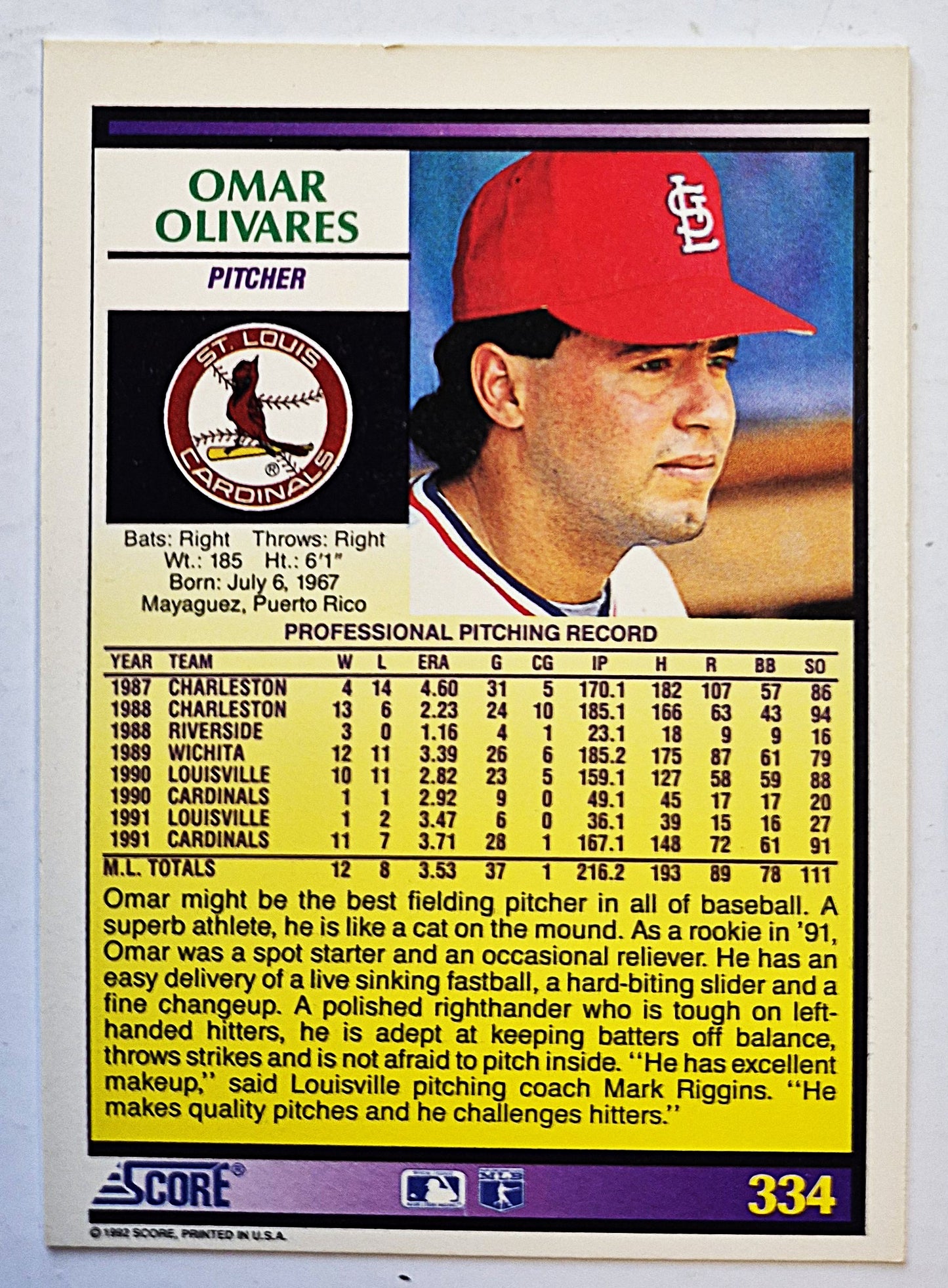 Olivares Omar St. Louis Cardinals Pitcher #334 Score '92 Baseball Card