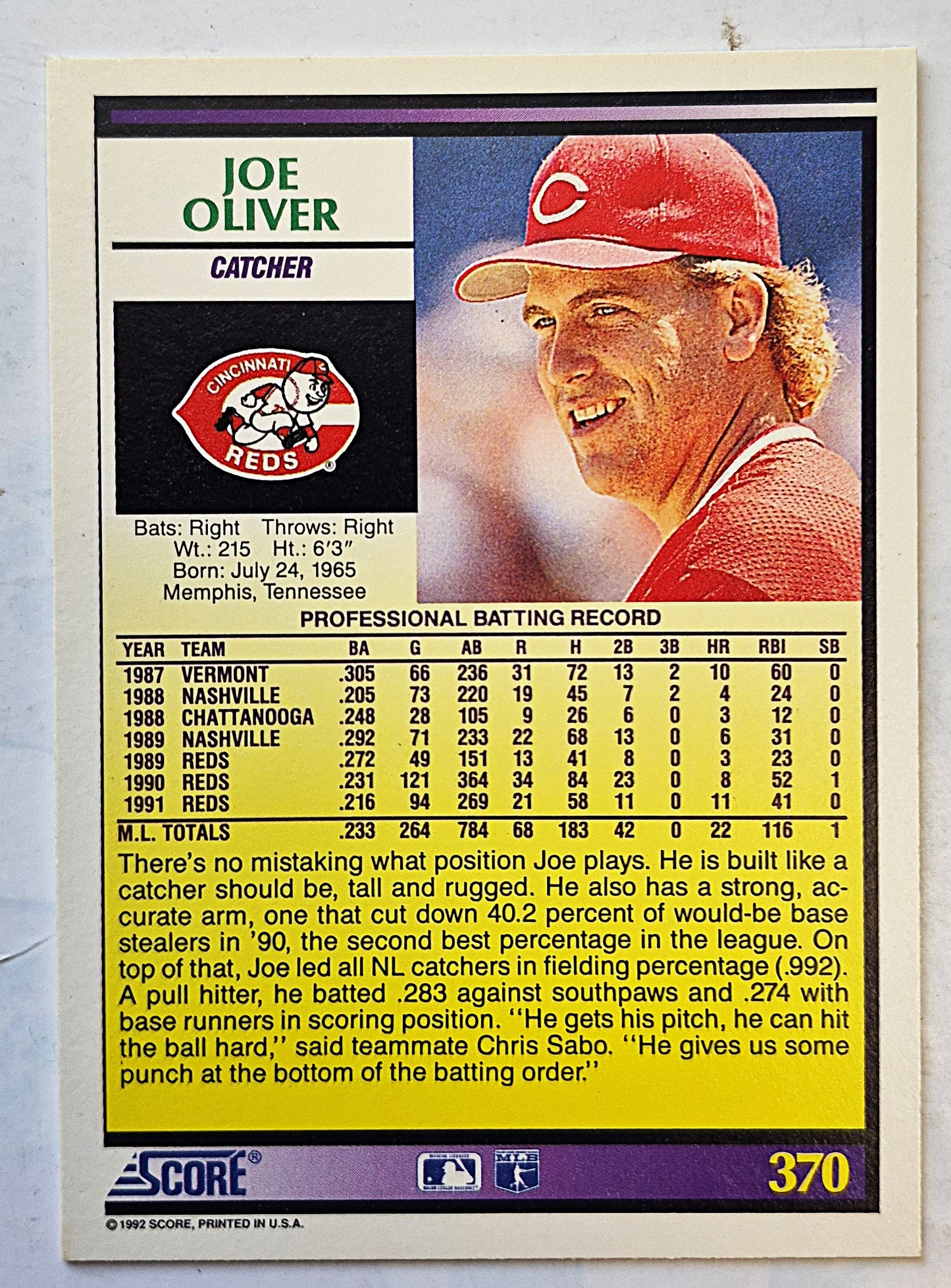 Oliver Joe Cincinnati Reds Catcher #370 Score '92 Baseball Card
