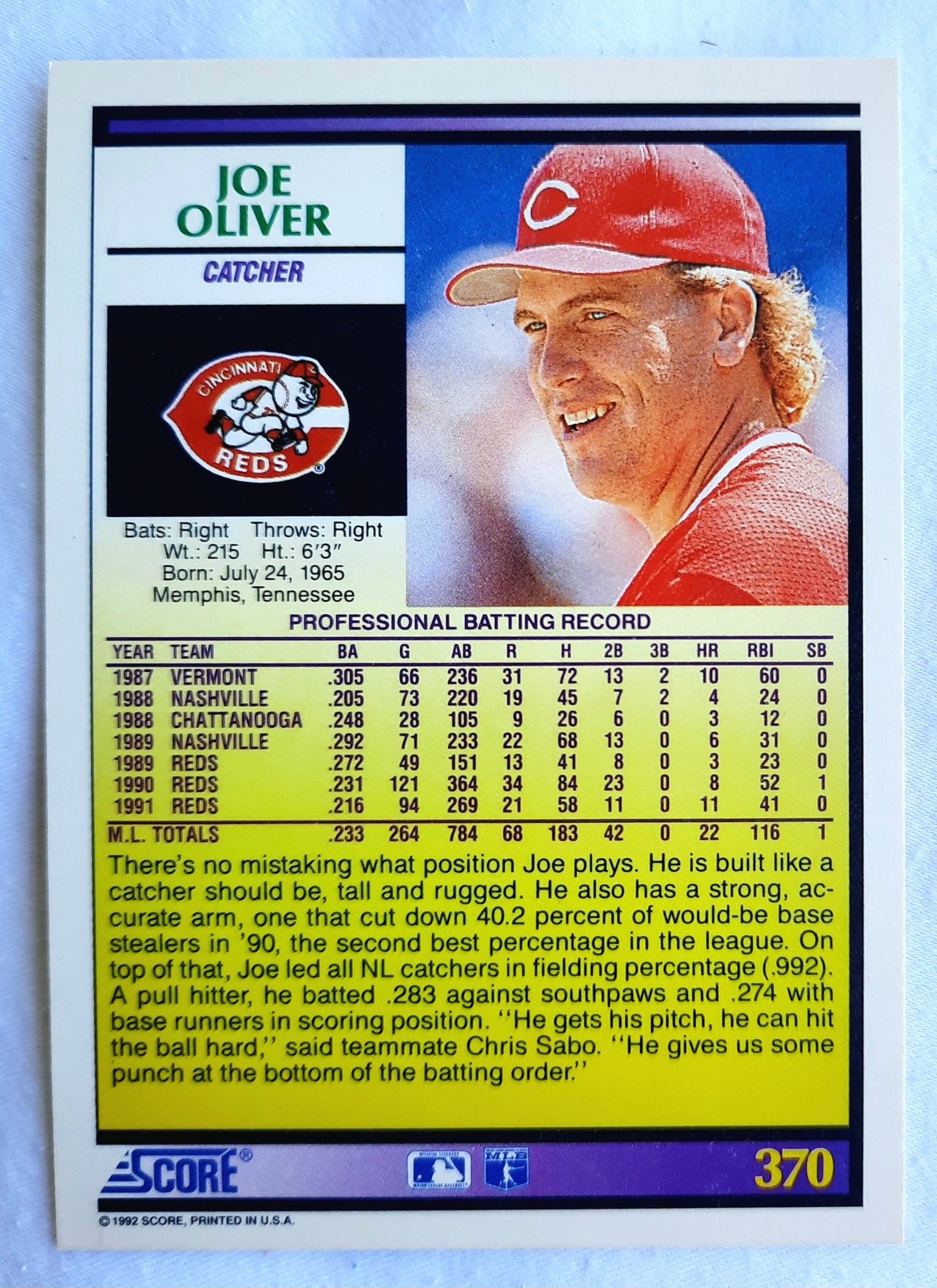 Score '92 Joe Oliver Cincinatti Reds Catcher #370 Baseball Card Near Mint