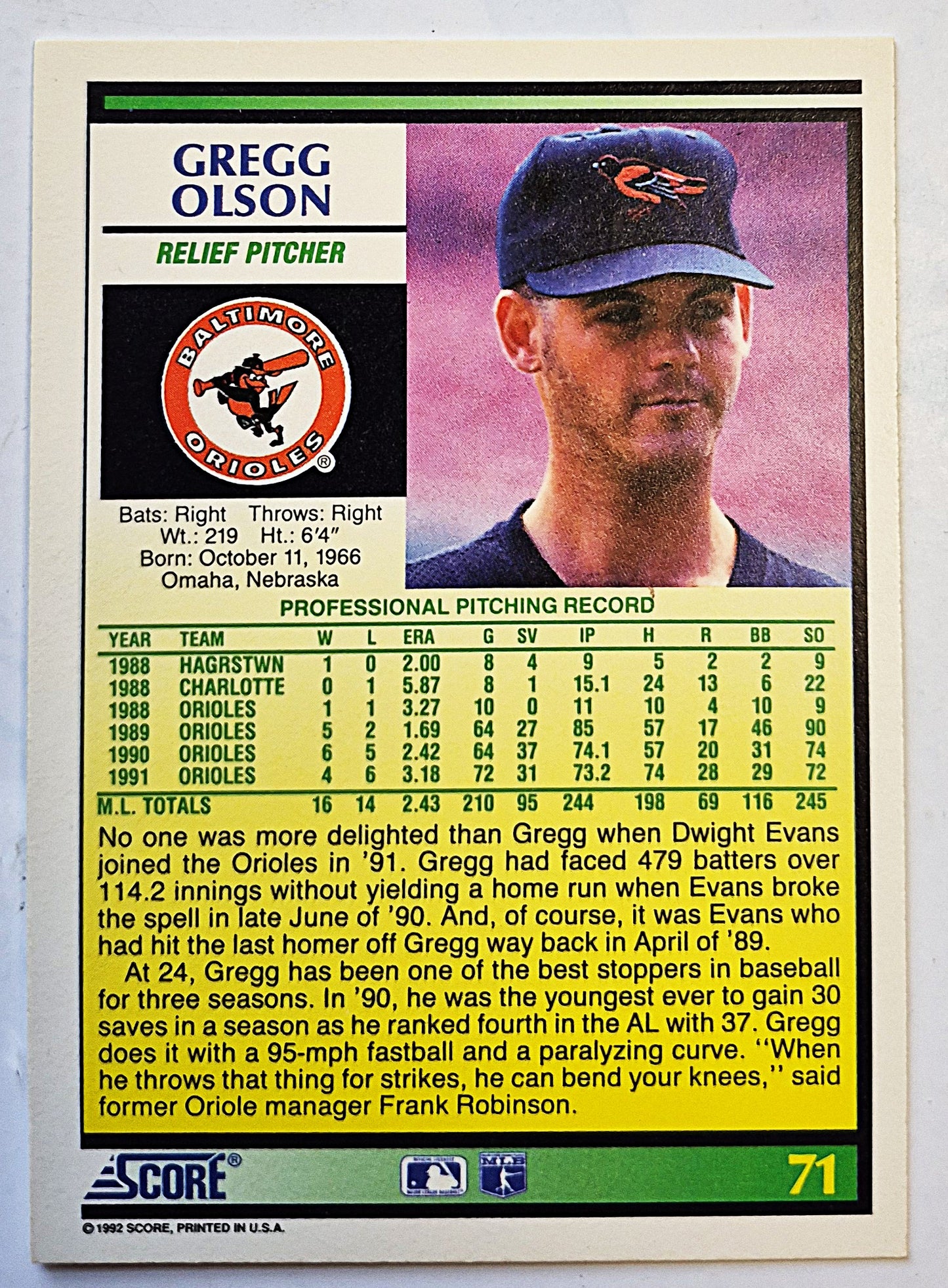 Olson Gregg Baltimore Orioles Relief Pitcher #71 Score '92 Baseball Card
