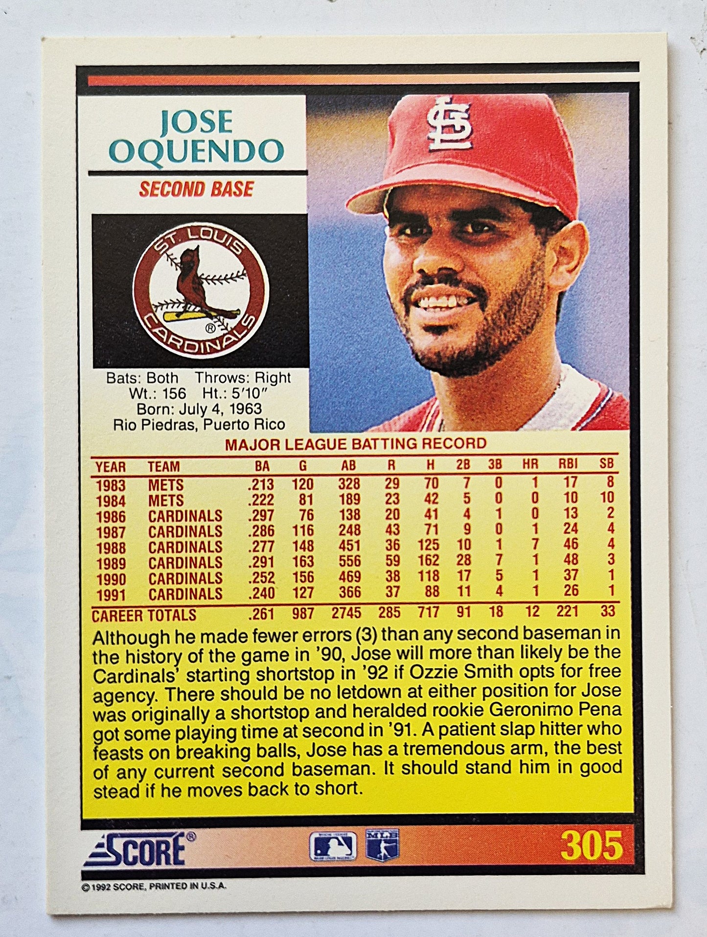 Bewerte '92 Jose Oquendo St. Louis Cardinals Second Base #305 Baseballkarte Near Mint