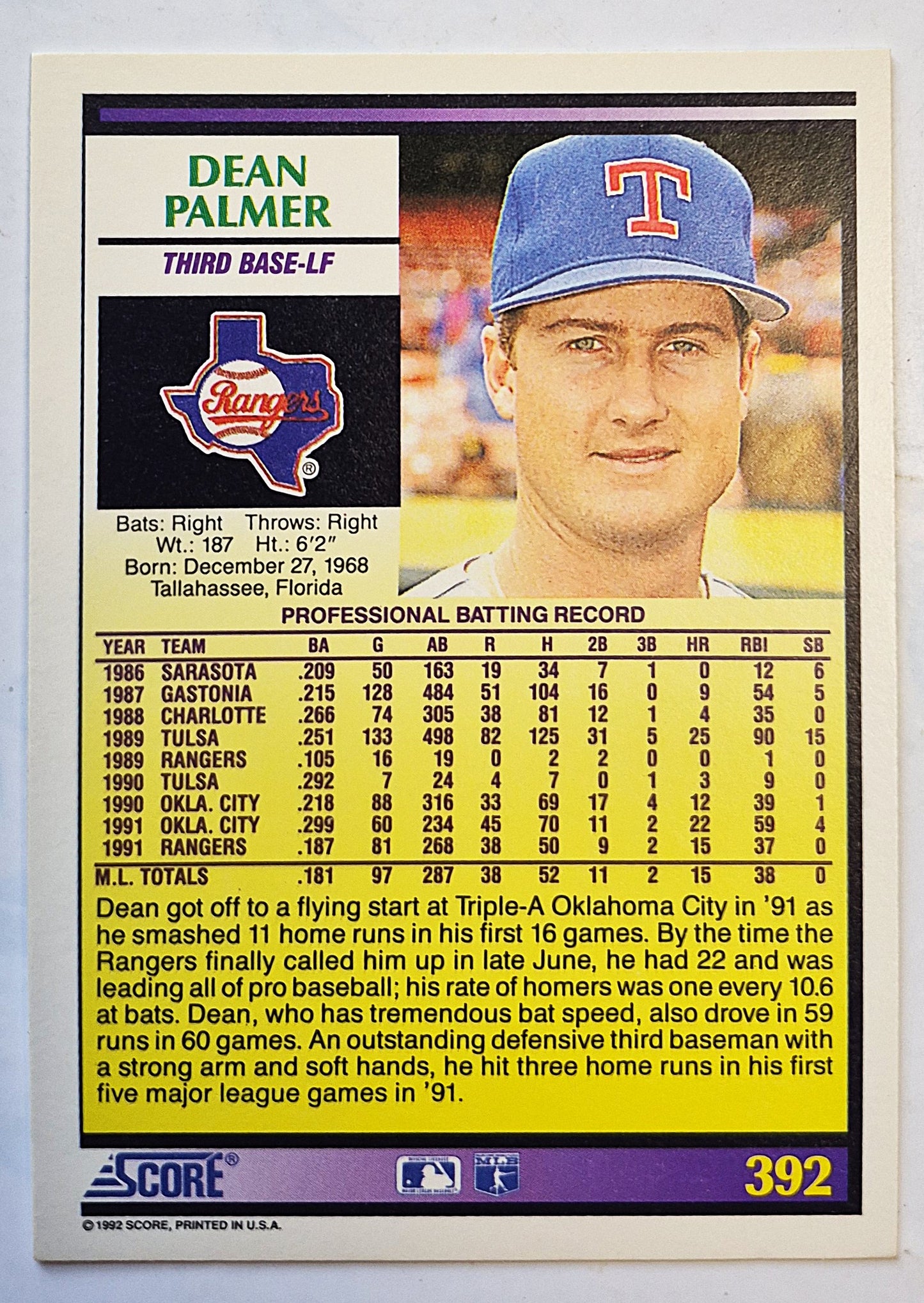 Palmer Dean Texas Rangers Third Base-LF #392 Score '92 Baseball Card