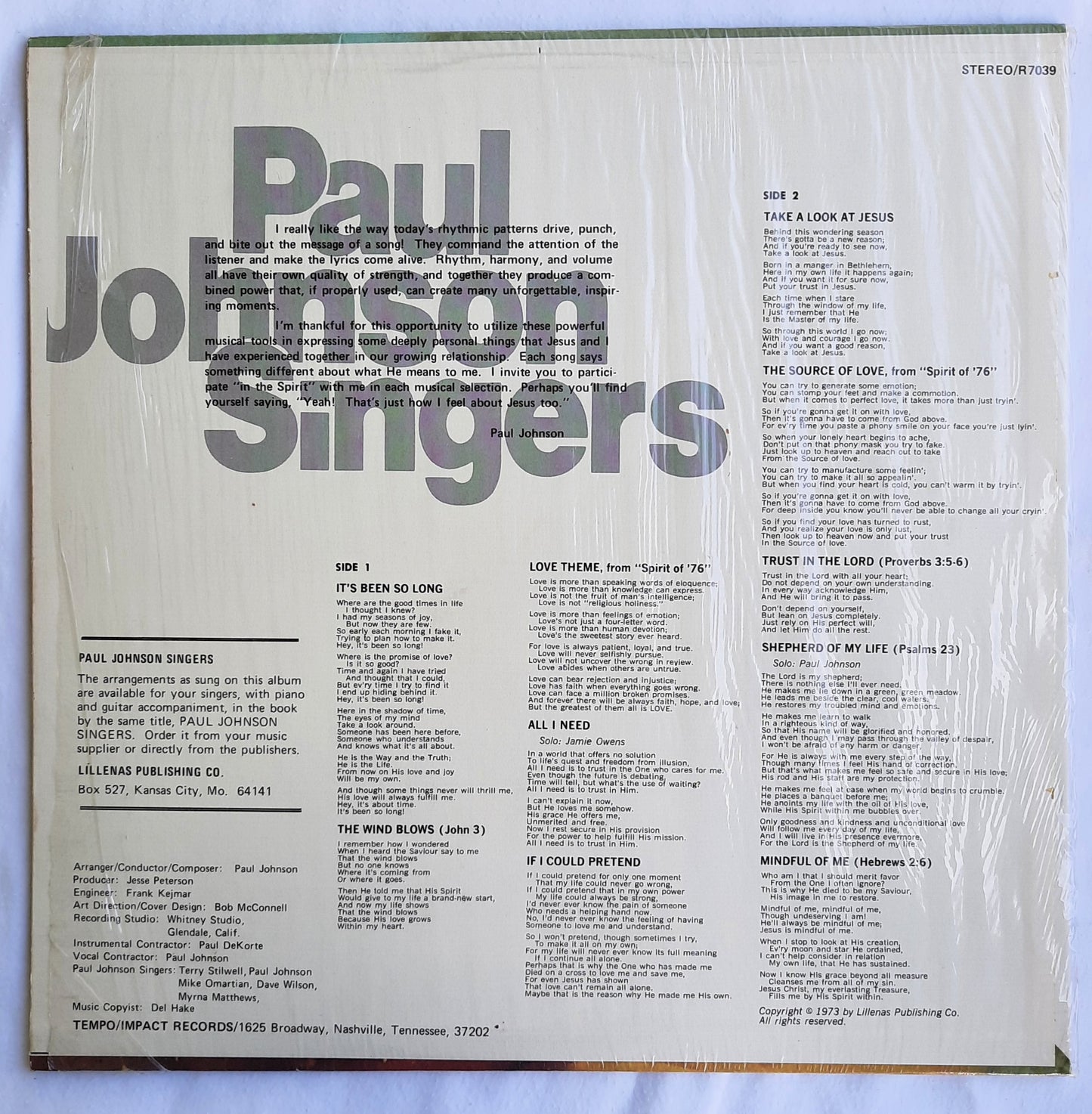 Tempo of Kansas City Paul Johnson' Singers Collectible LP Vinyl Record (Very good)