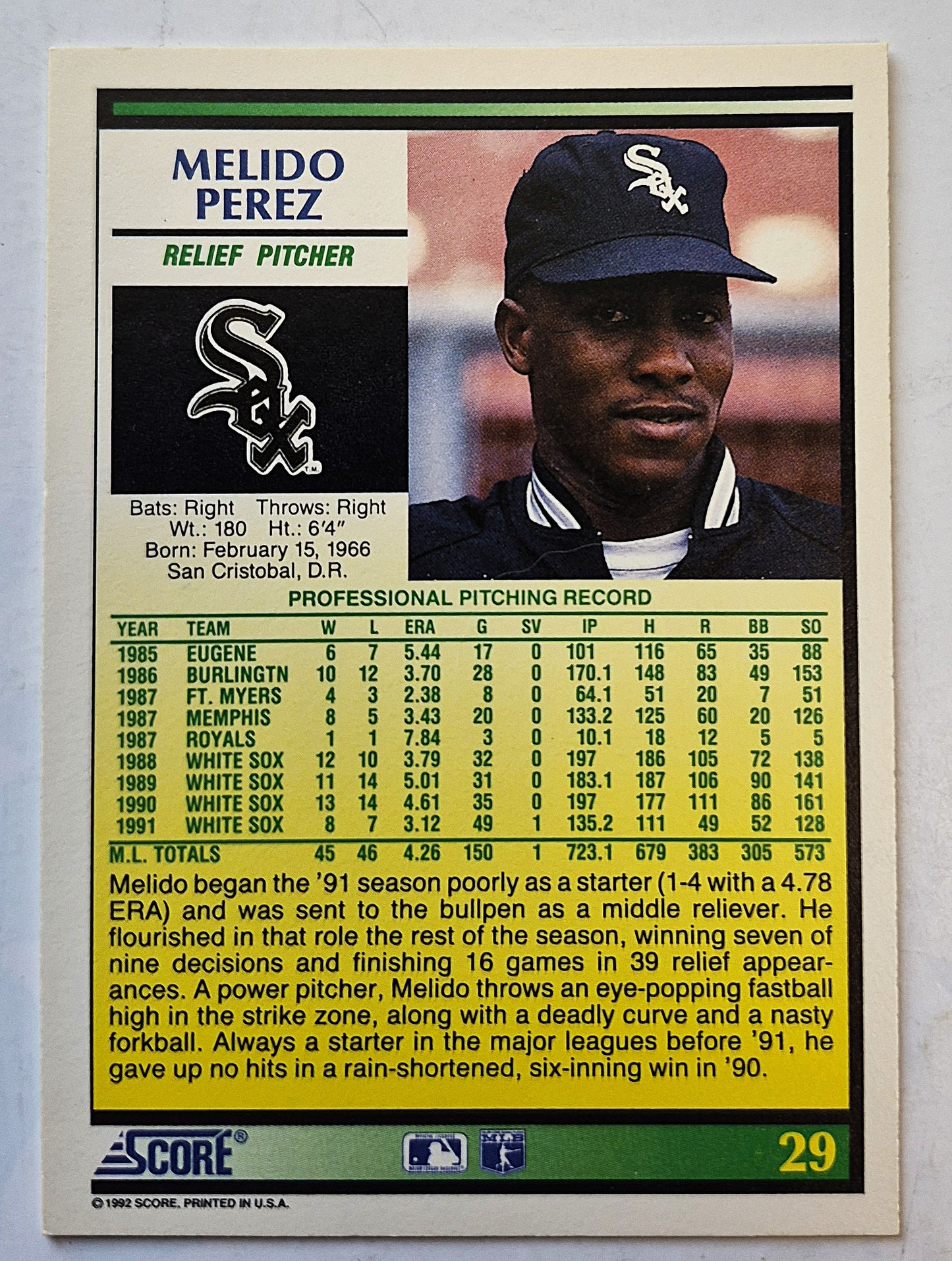 Perez Melido Chicago White Sox Relief Pitcher #29 Score '92 Baseball Card