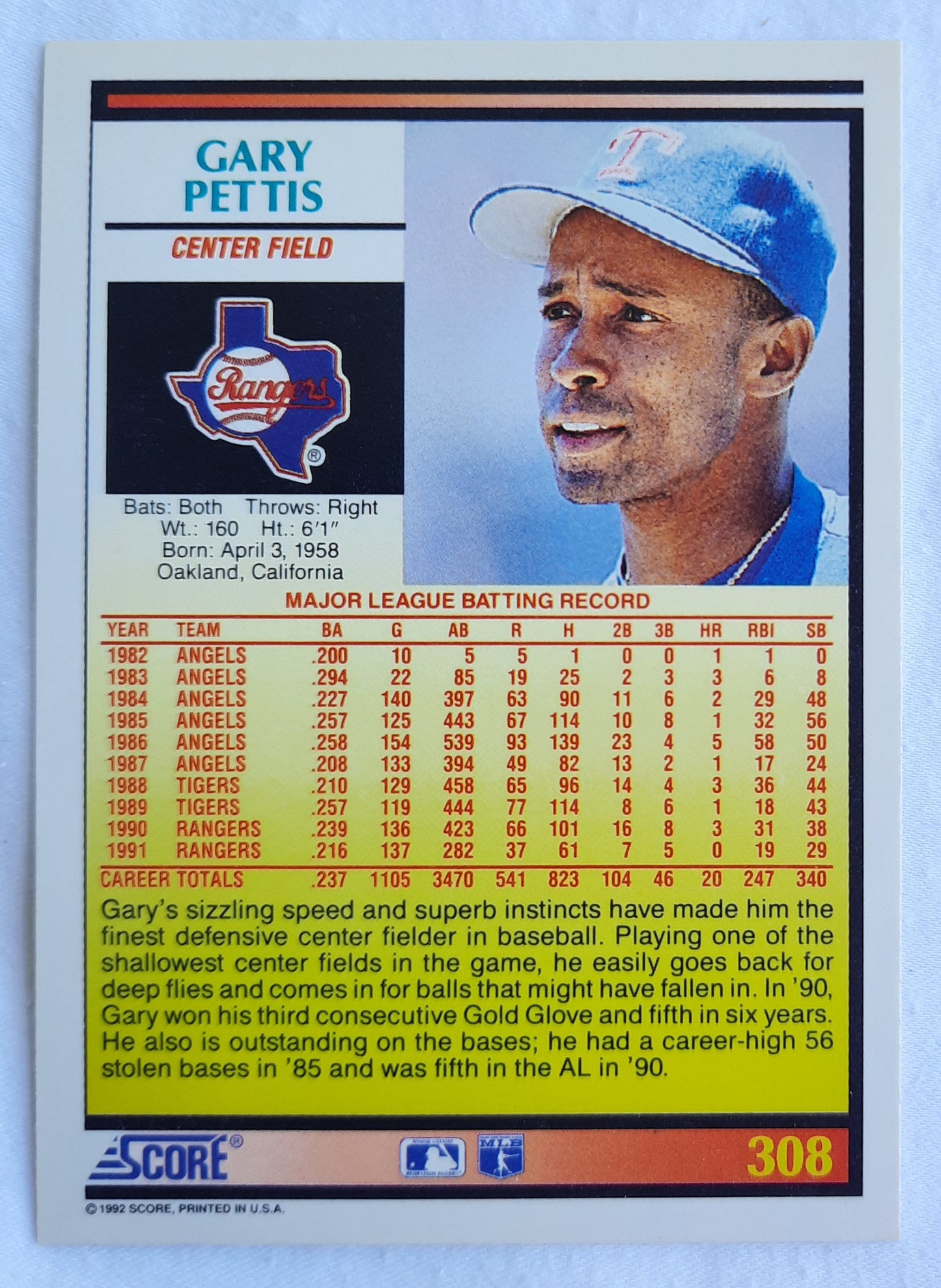 Score '92 Gary Pettis Texas Rangers Center Field #308 Baseball Card Near Mint