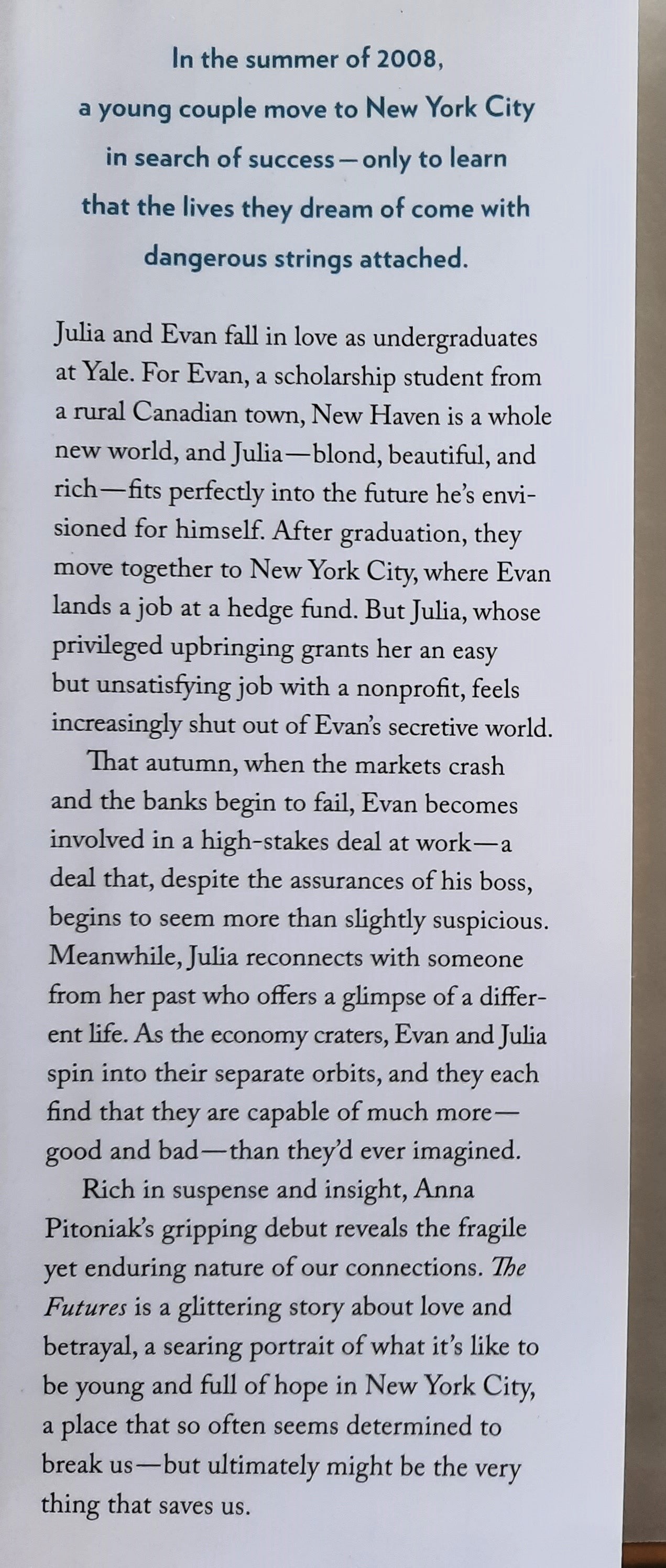 The Futures by Anna Pioniak (Very good, 2017, HC, 308 pages, Little, Brown & Co.)