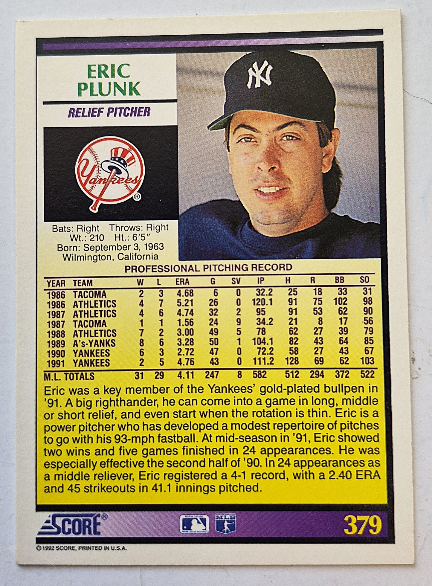 Plunk Eric New York Yankees Relief Pitcher #379 Score '92 Baseball Card