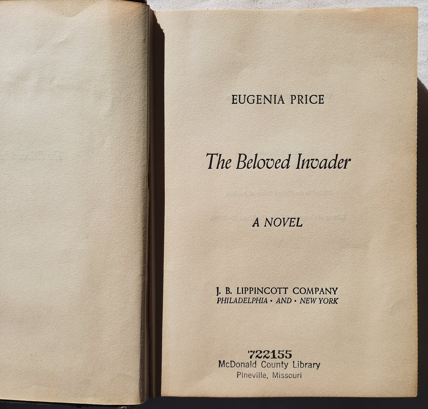 The Beloved Invader by Eugenia Price (Good, 1965, HC, 284 pages, J.B. Lippincott Co.)