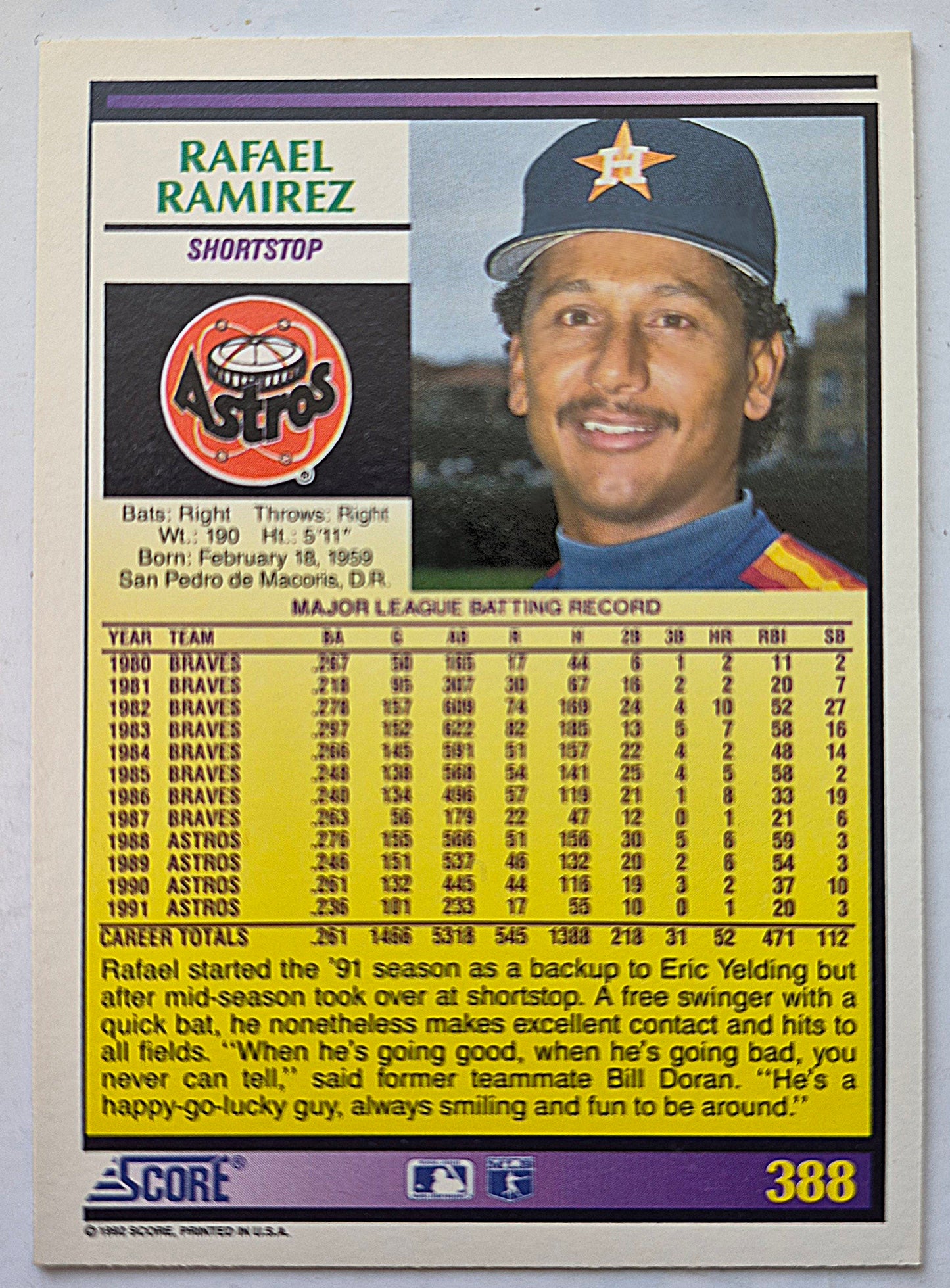 Ramirez Rafael Houston Astros Shortstop #388 Score '92 Baseball Card