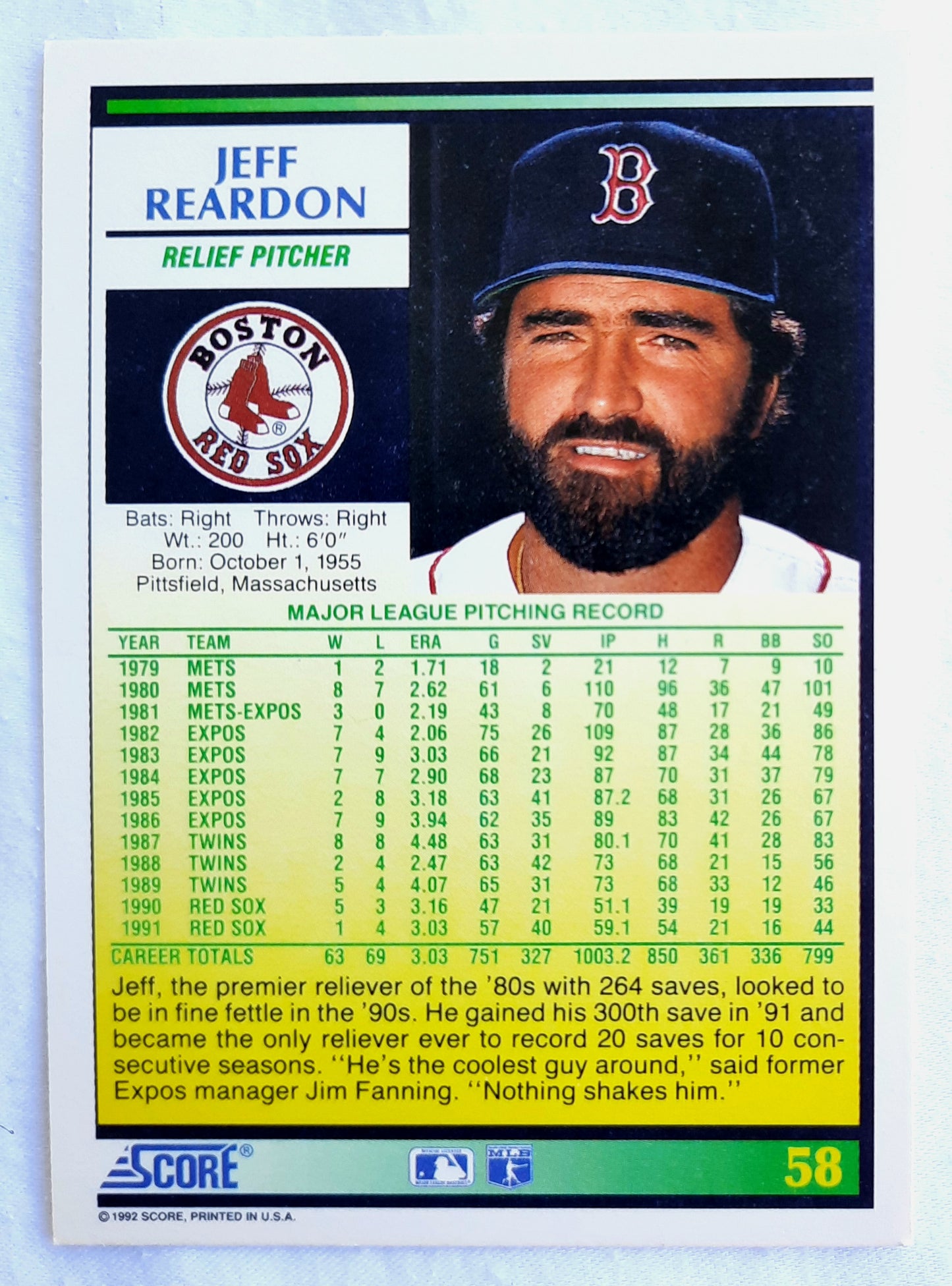 Score '92 Jeff Reardon Boston Red Sox Relief Pitcher #58 Baseball Card Near Mint
