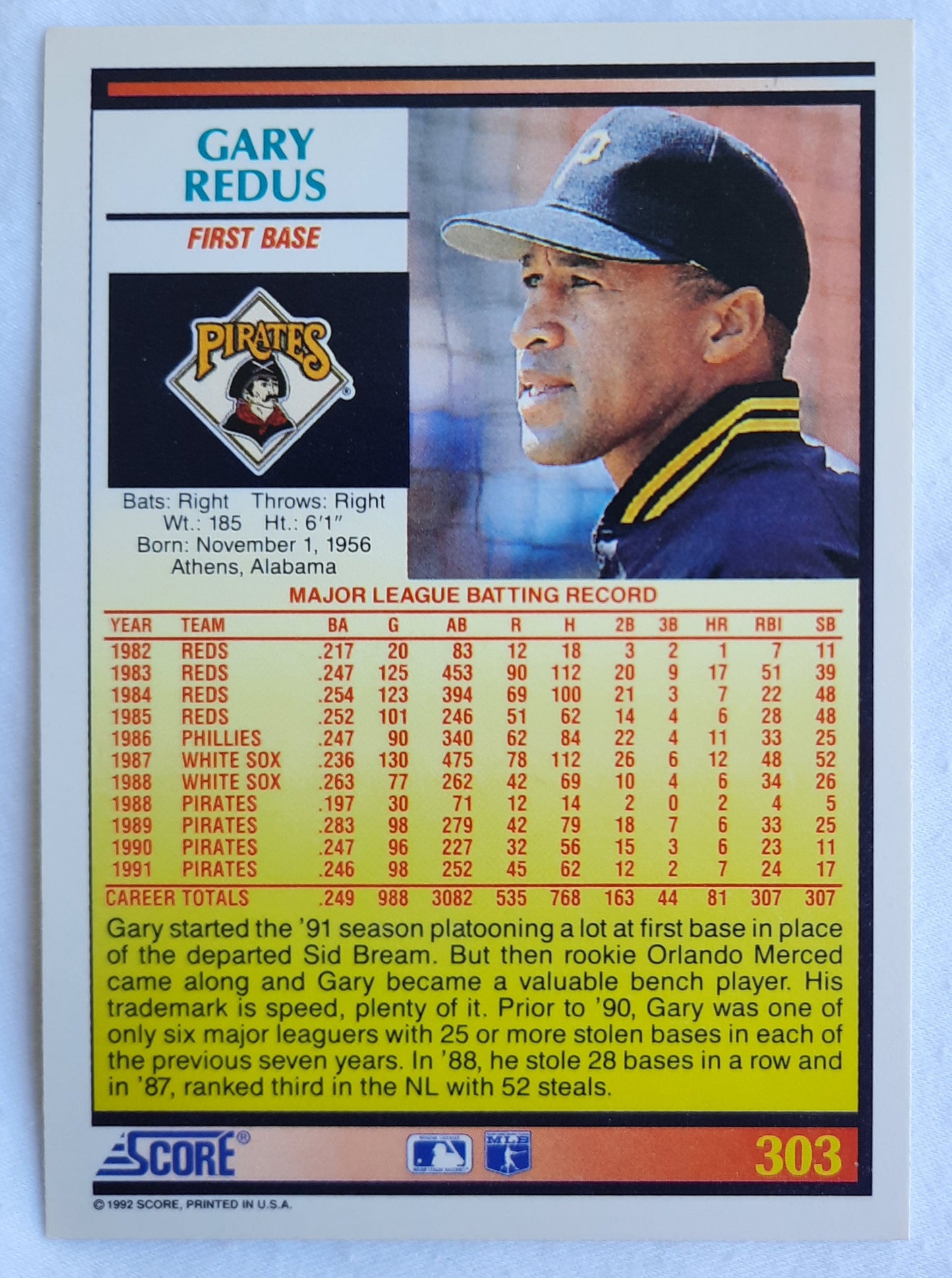 Score '92 Gary Redus Pittsburgh Pirates First Base #303 Baseball Card Near Mint