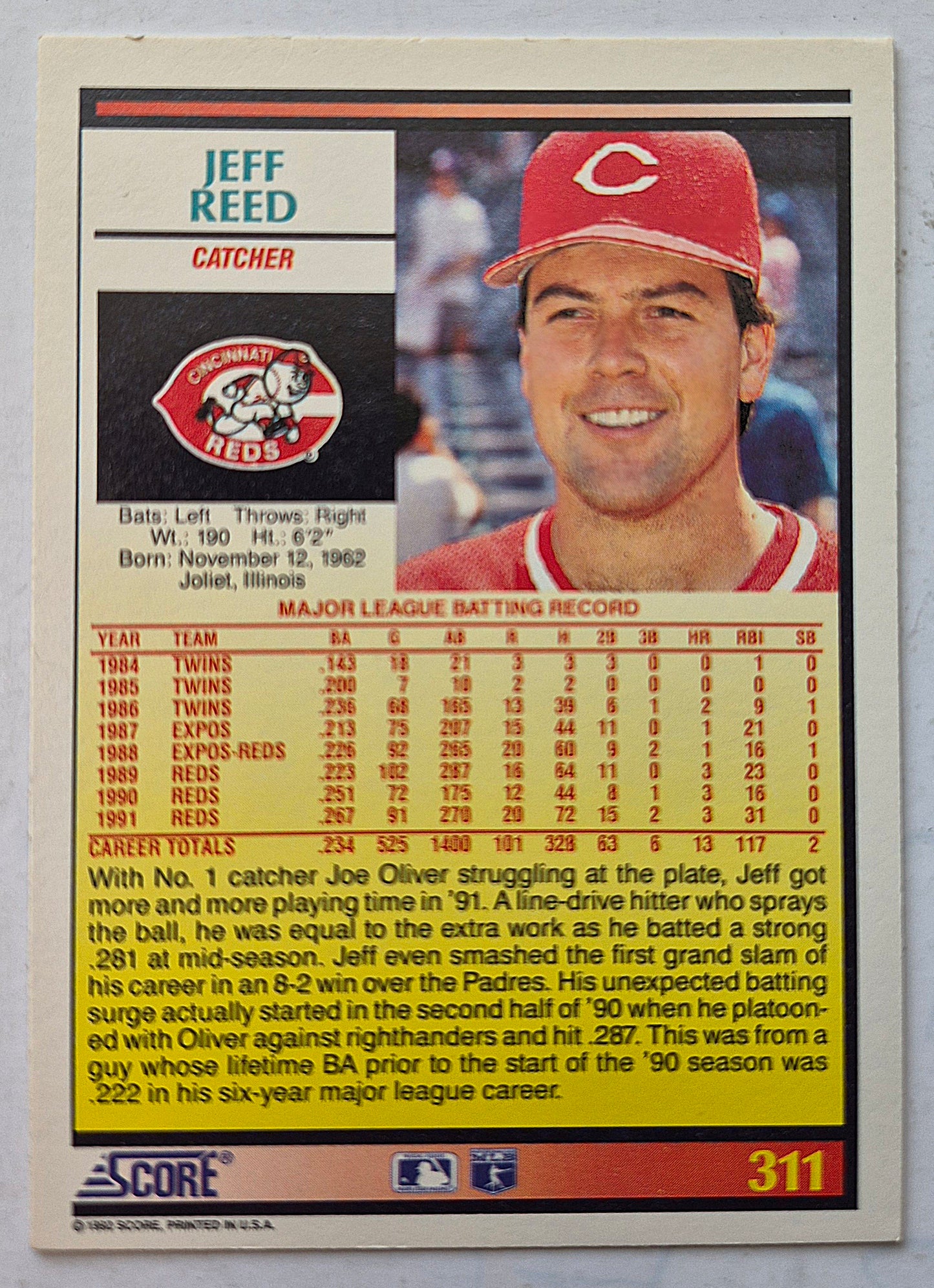 Reed Jeff Cincinnati Reds Catcher #311 Score '92 Baseball Card