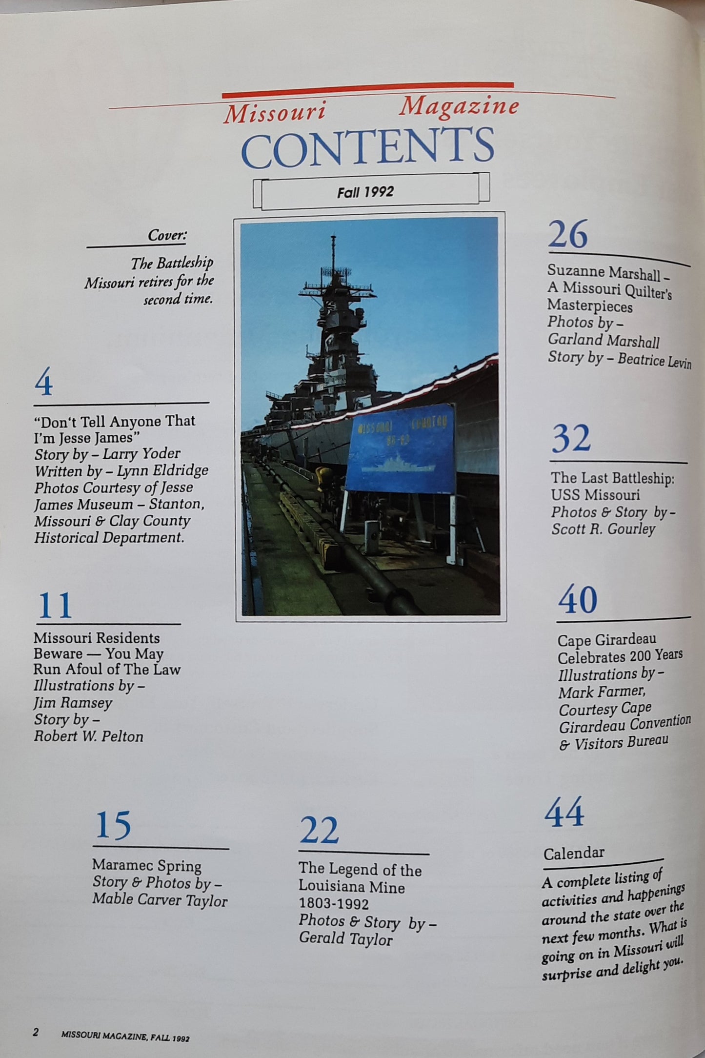 Missouri Magazine Fall 1992 edited by Tony Nolan Adrignola (Very good, 1992, Pbk, 48 pages, ADmore Publishing)