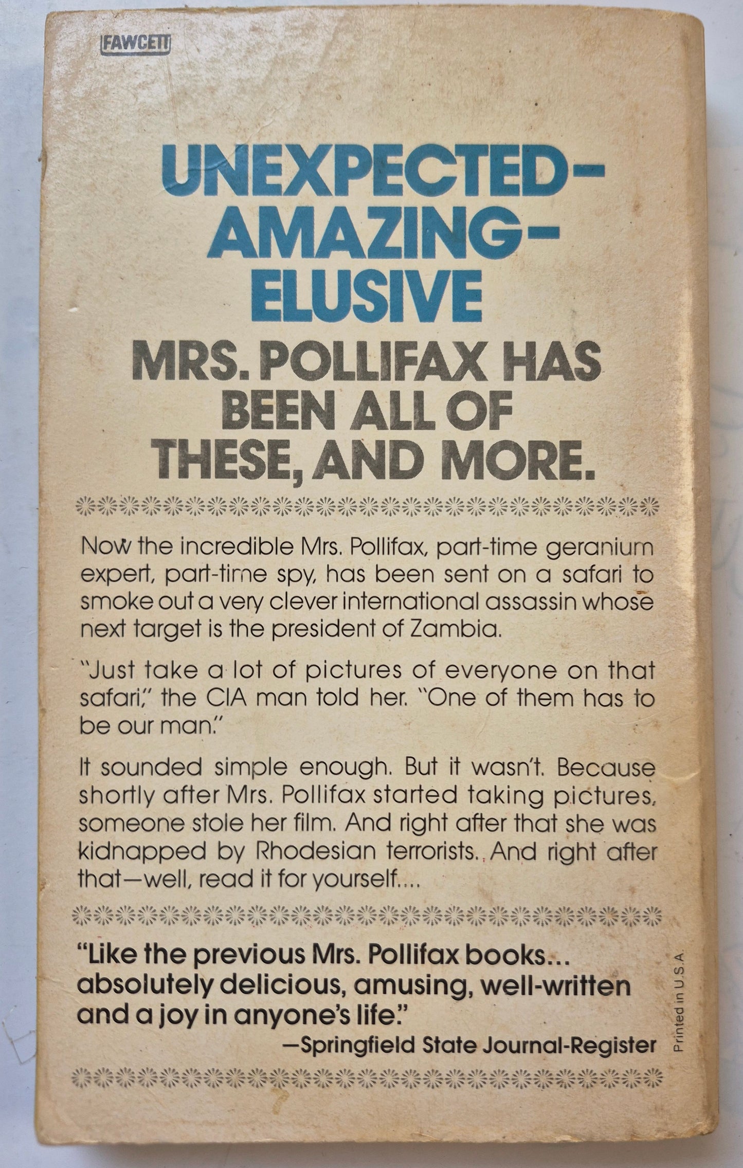 Mrs. Pollifax on Safari #5 by Dorothy Gilman -Good, 1977, Pbk, 223 pgs, Fawcett Crest