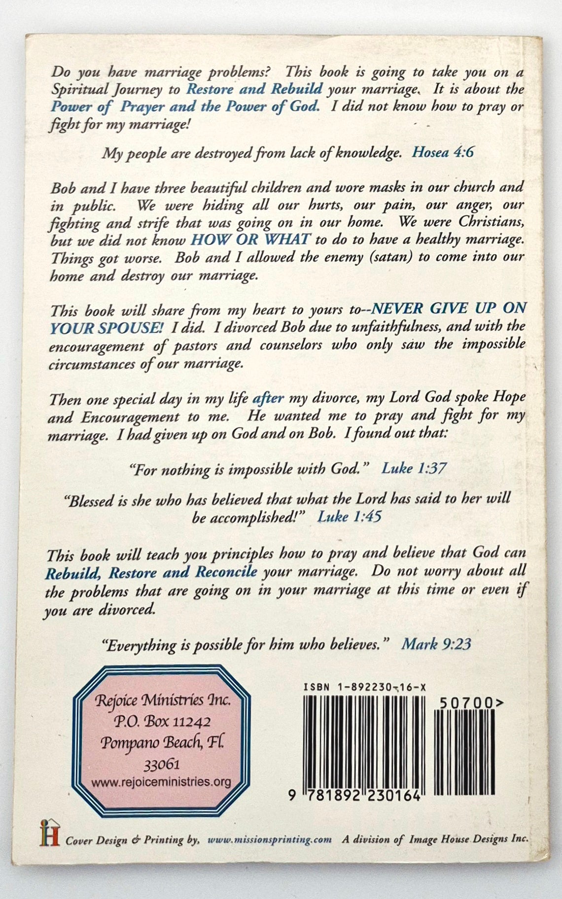 The Spiritual Journey Toward a Healed Marriage by Charlyne Steinkamp (Very Good, 2002, Pbk, 135 pgs, Rejoice Ministries)