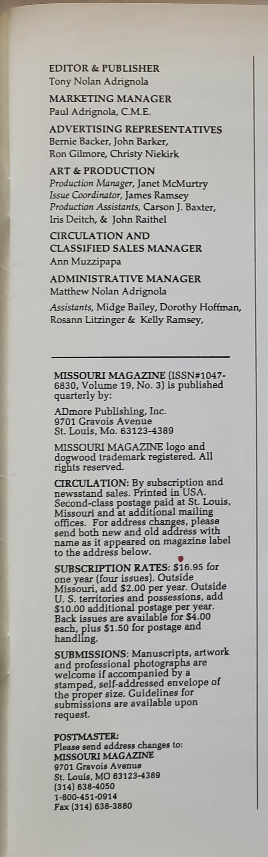 Missouri Magazine Fall 1992 edited by Tony Nolan Adrignola (Very good, 1992, Pbk, 48 pages, ADmore Publishing)