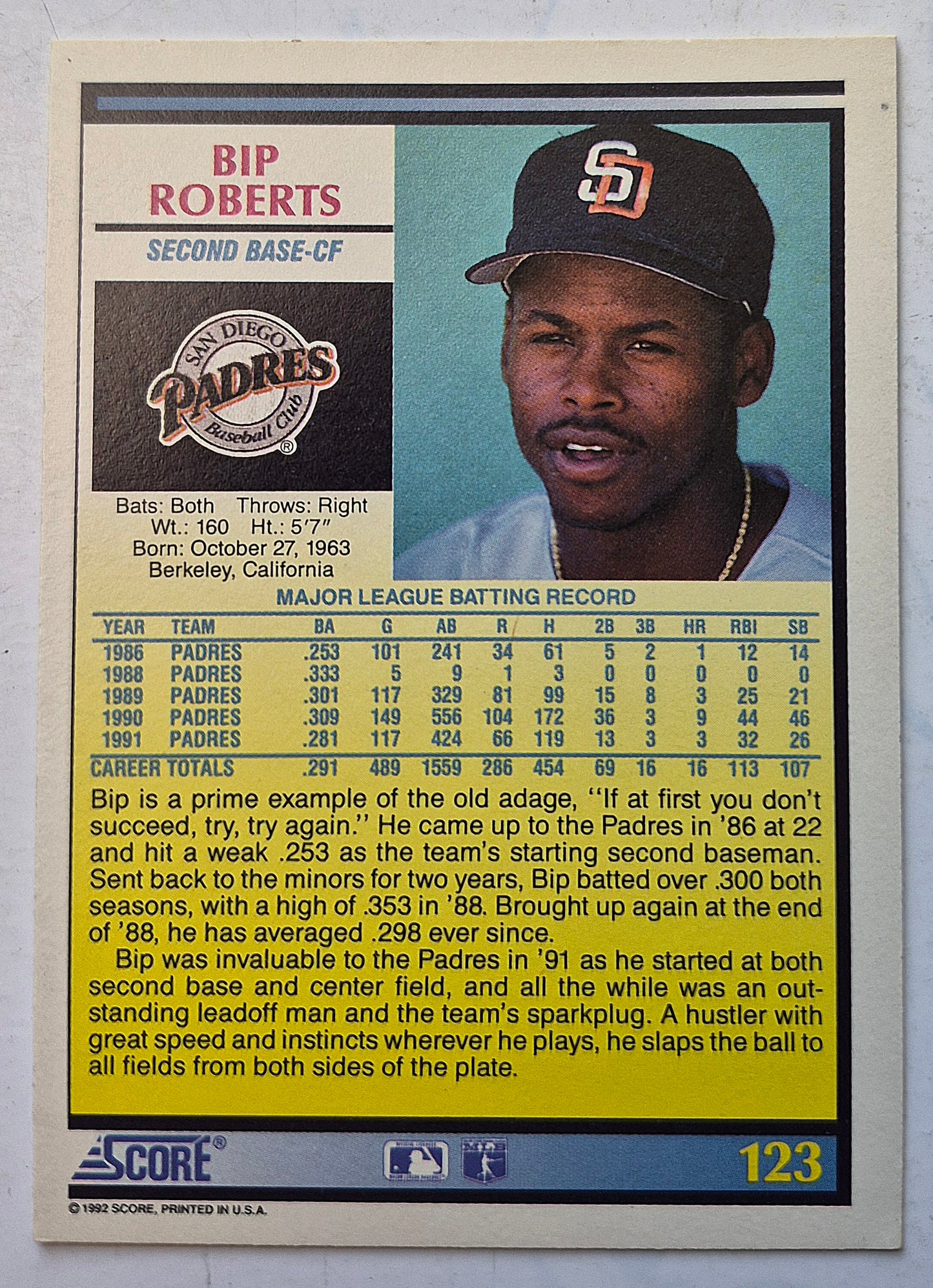 Roberts Bip San Diego Padres Second Base-CF #123 Score '92 Baseball Card