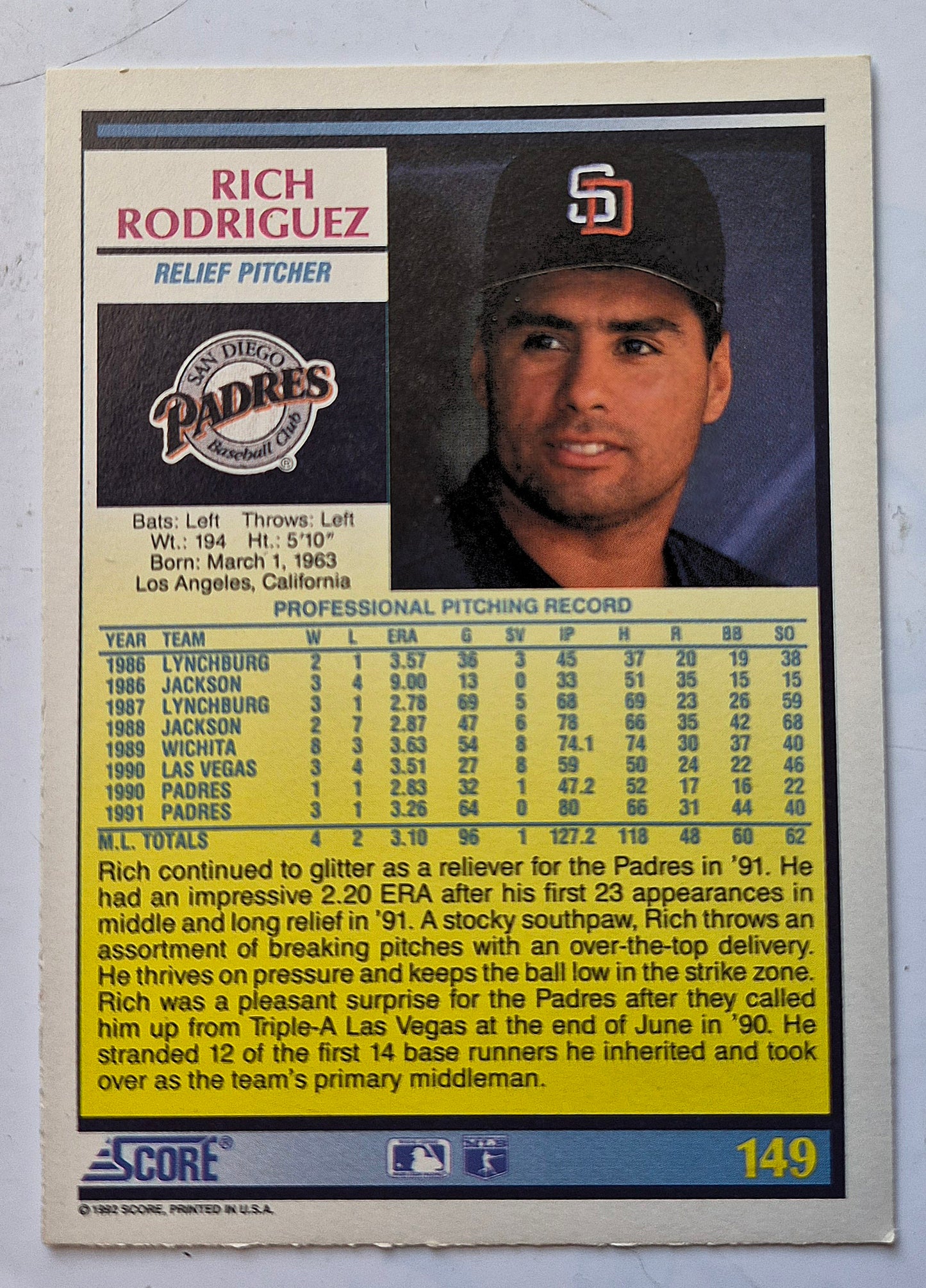 Rodriguez Rich San Diego Padres Relief Pitcher #149 Score '92 Baseball Card