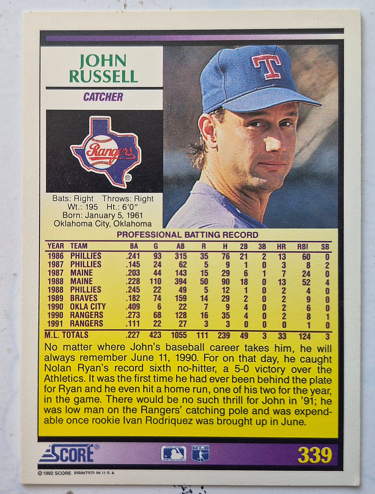 Russell John Texas Rangers Catcher #339 Score '92 Baseball Card