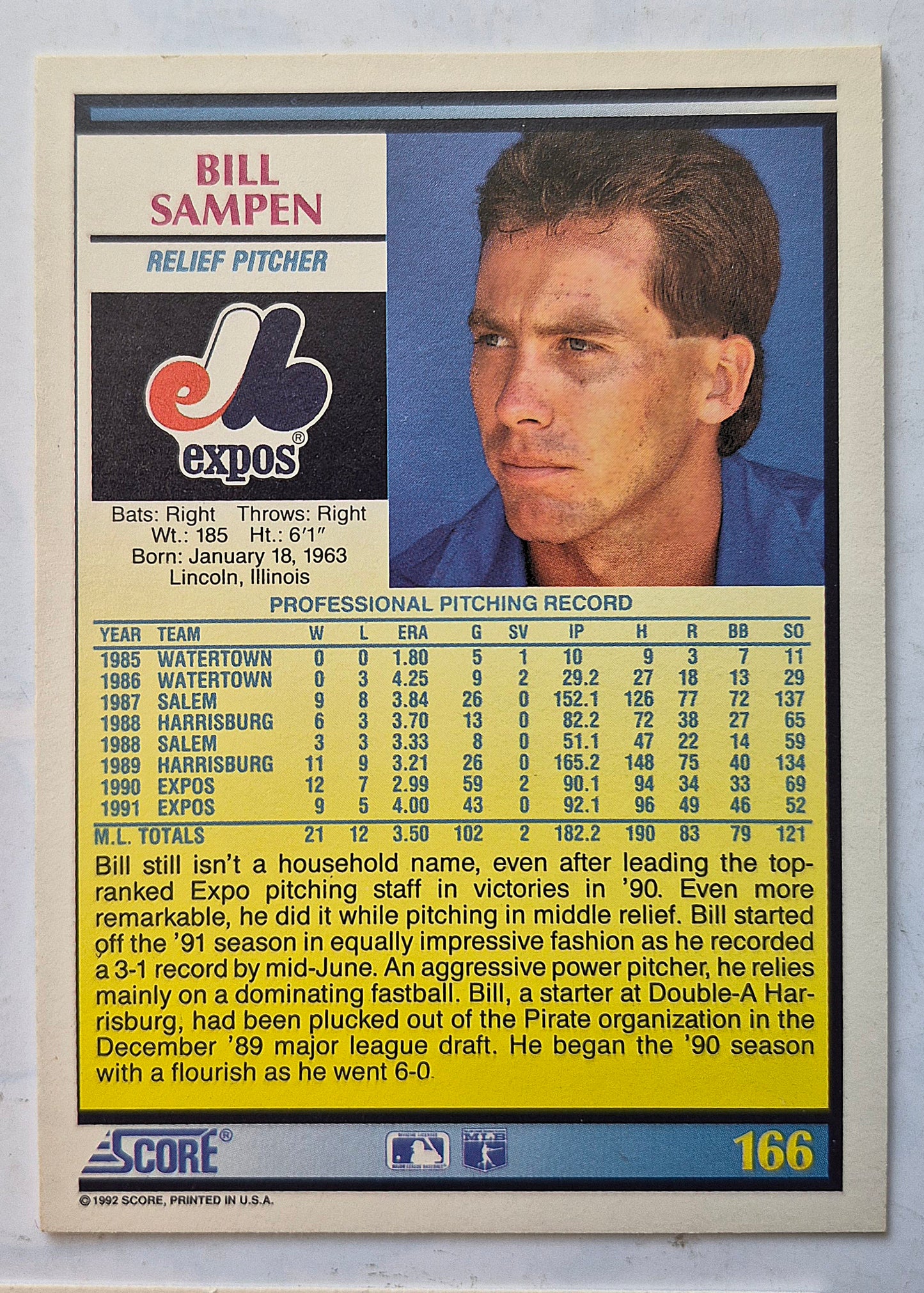 Sampen Bill Montreal Expos Relief Pitcher #166 Score '92 Baseball Card