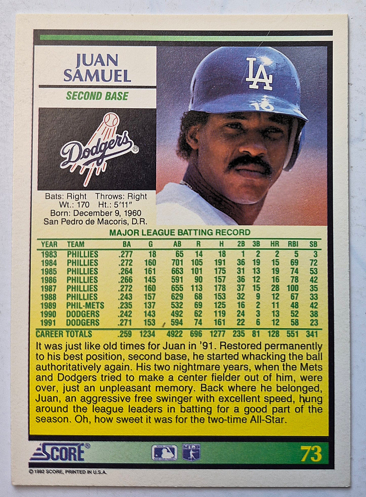 Score '92 Juan Samuel Los Angeles Dodgers Second Base #73 Baseballkarte Nahezu Neuwertig