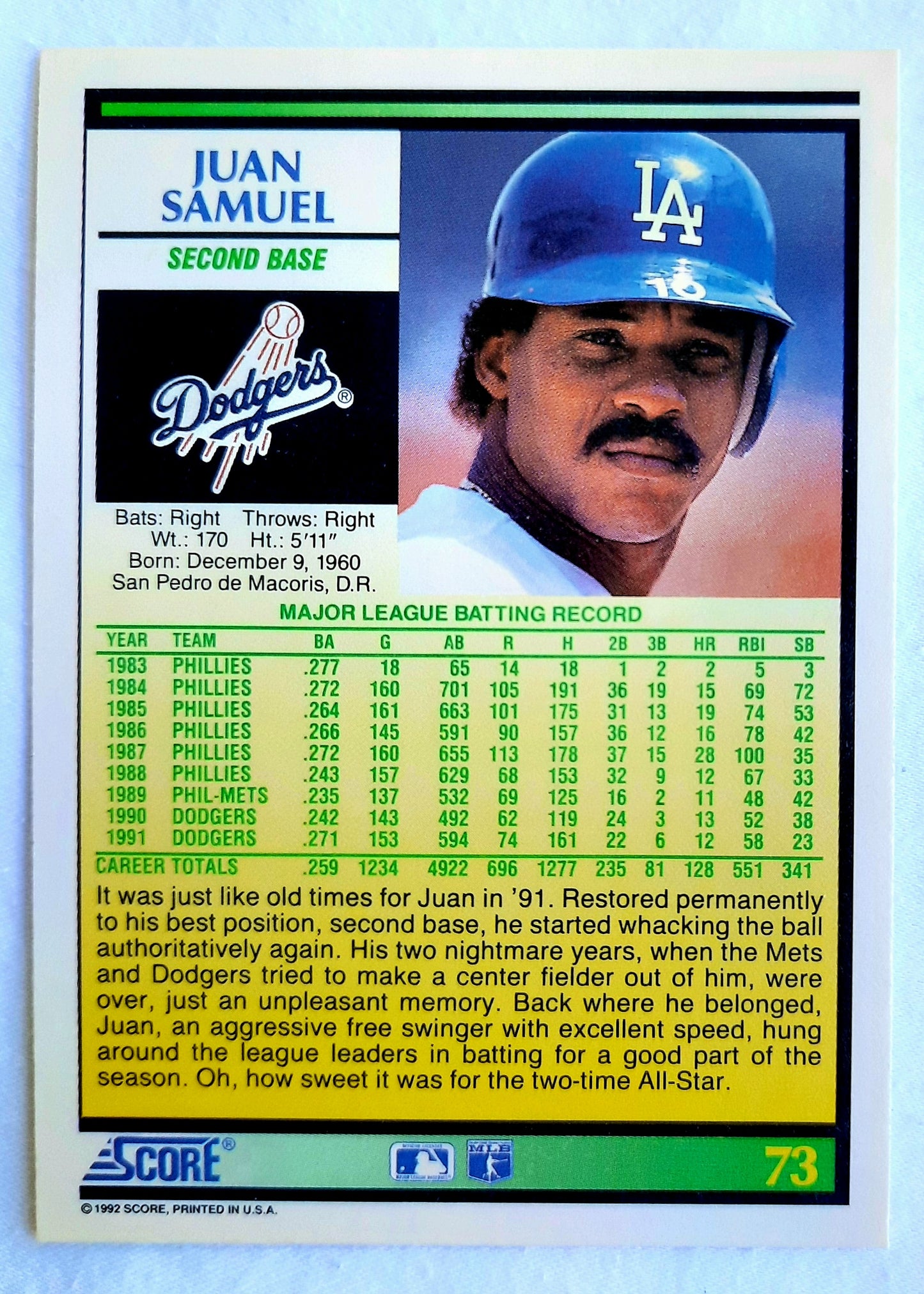 Score '92 Juan Samuel Los Angeles Dodgers Second Base #73 Baseball Card Near Mint