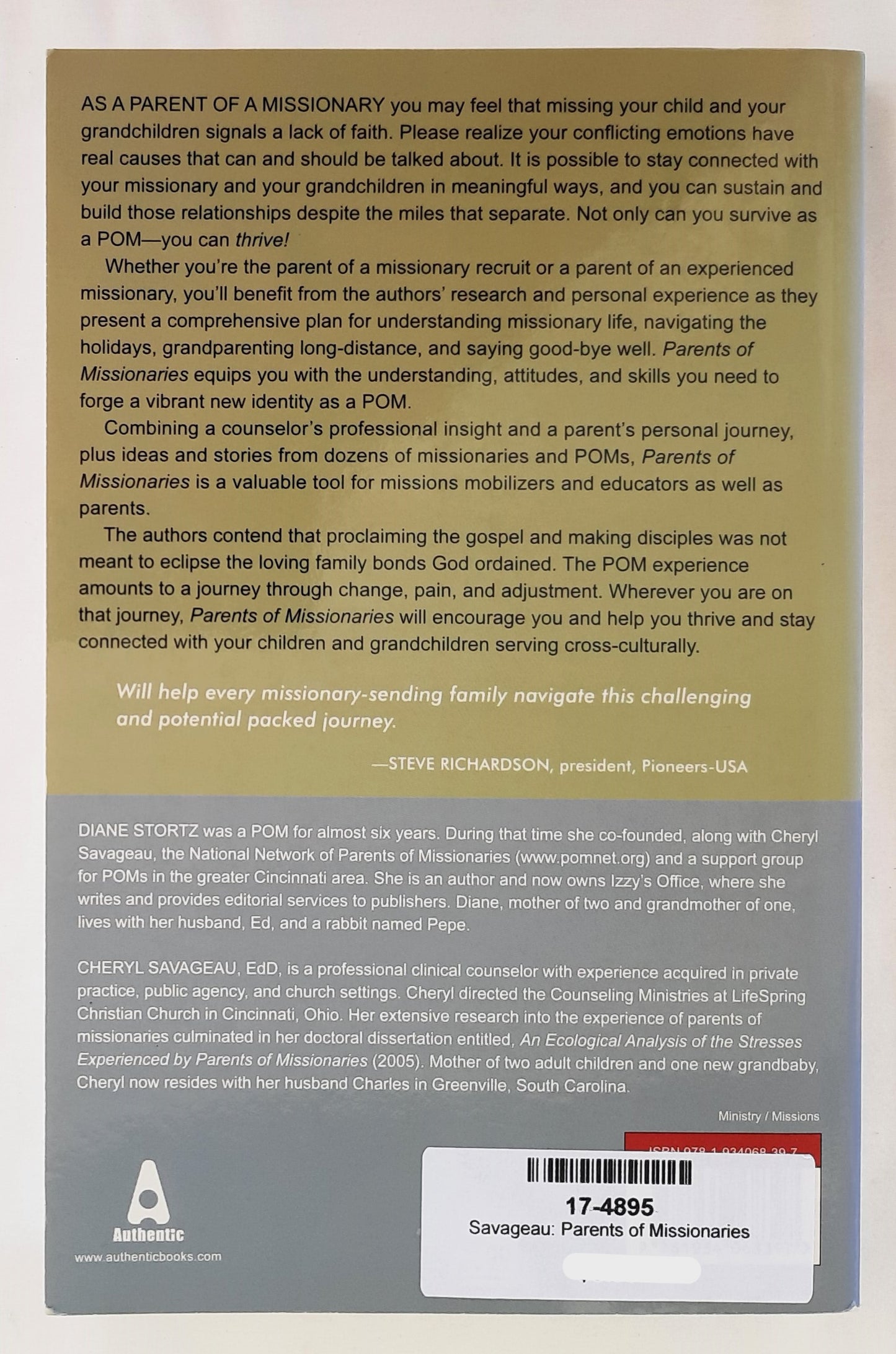 Parents of Missionaries by Cheryl Savageau; Diane Stortz (Like New, 2008, Pbk, 289 pages, Authentic Books)