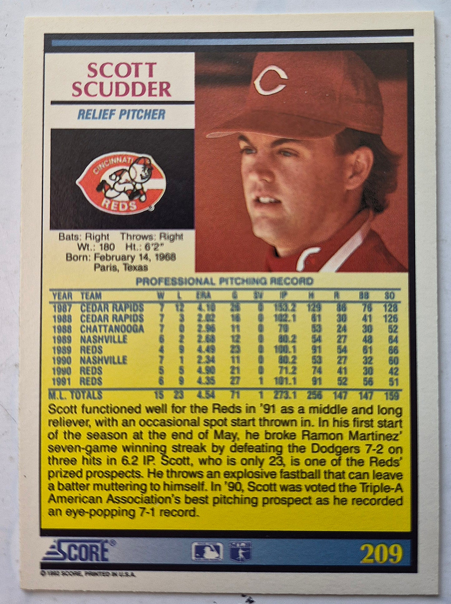 Scudder Scott Cincinnati Reds Relief Pitcher #209 Score '92 Baseball Card
