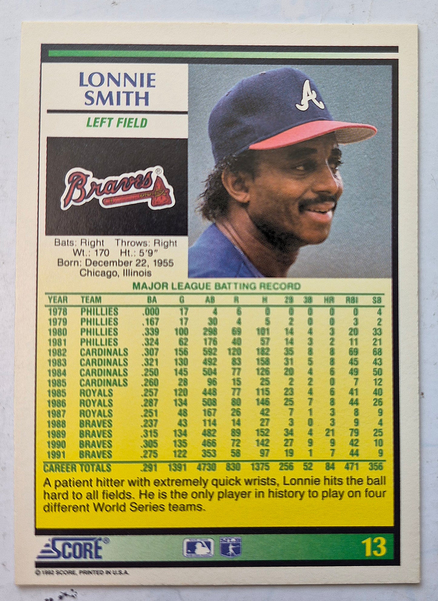 Smith Lonnie Atlanta Braves Left Field #13 Score '92 Baseball Card